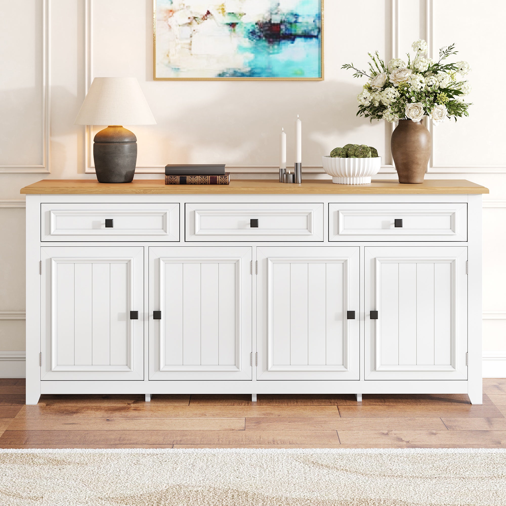 Nowoczesna komoda z 3 drzwiami i 2 szufladami - 160 x 35 x 76 cm - MDF - do salonu, kuchni - biała