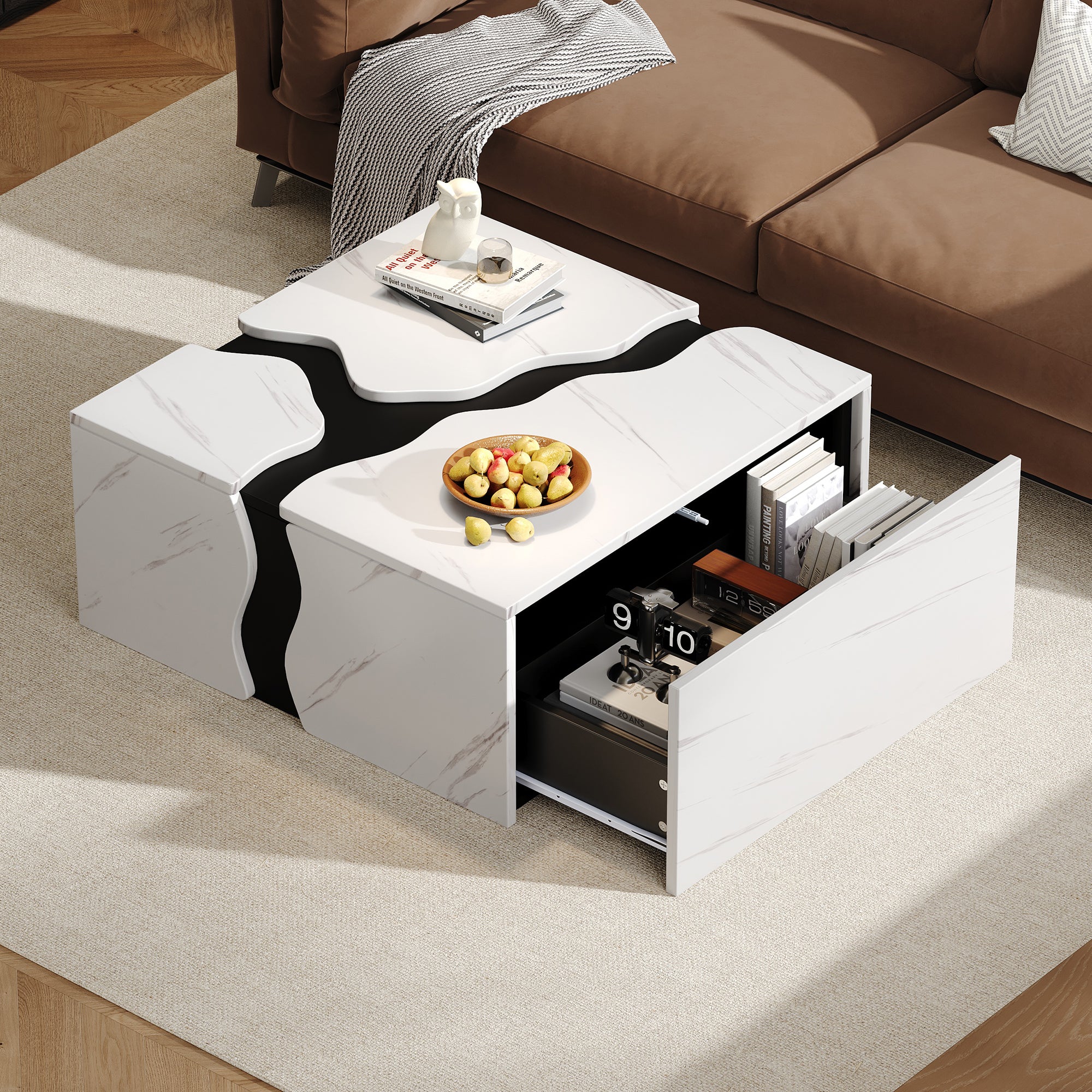 Stolik kawowy kwadratowy z 1 szufladą - 70 x 70 x 31 cm - Unikalna okleina marmurowa - Płyta wiórowa - Kolor biały