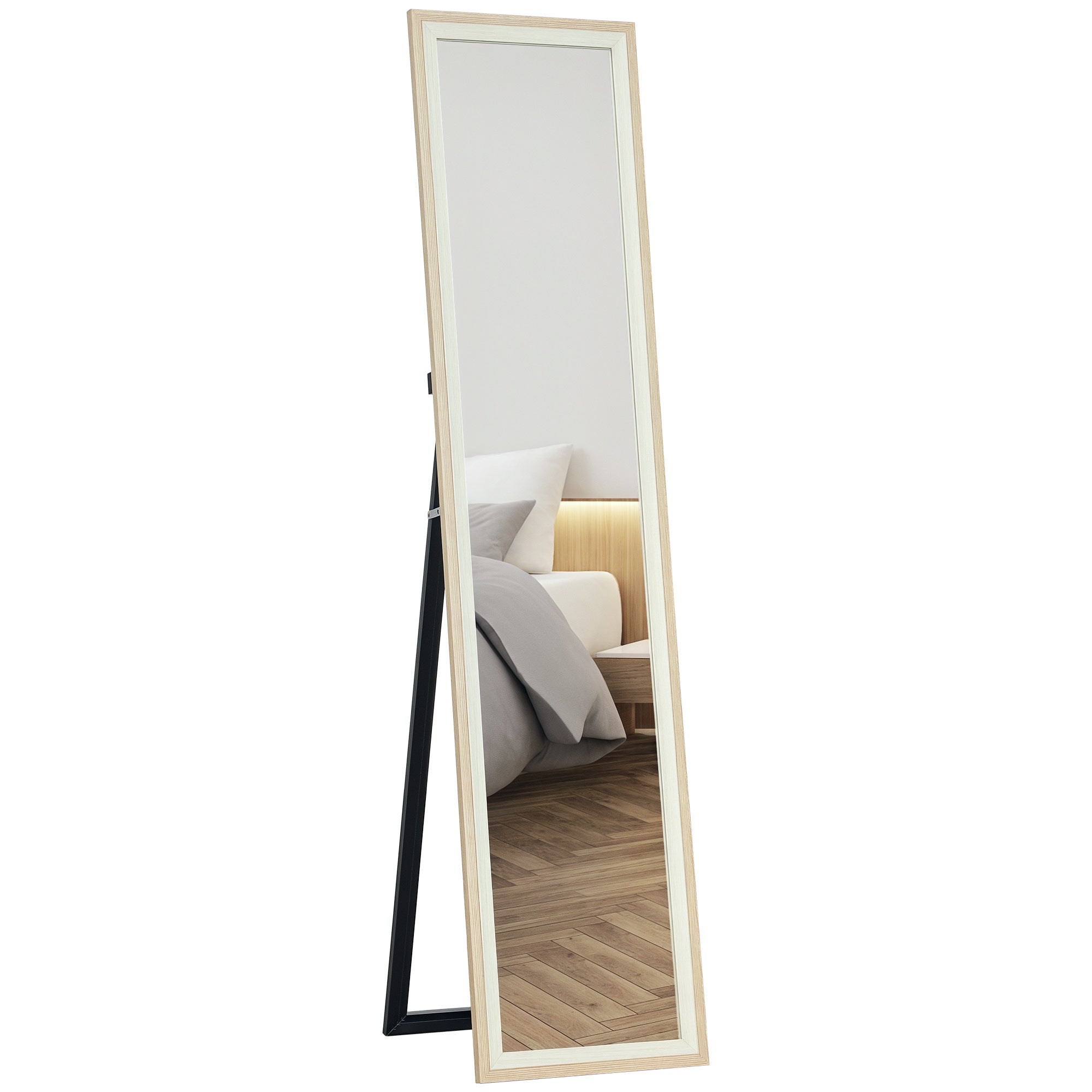 Lustro o pełnej długości 157x37 cm Lustro podłogowe lub ścienne z ramą z płyty MDF i stojakiem Białe i naturalne