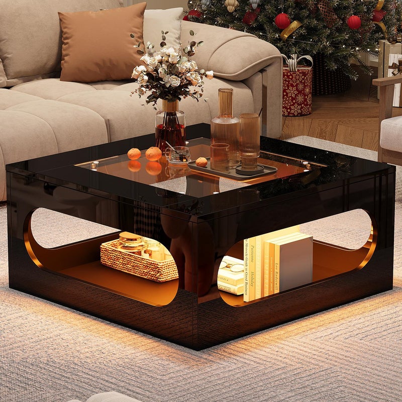 Stolik kawowy z połyskiem 70 x 70 x 35 cm - z oświetleniem LED - blat ze szkła hartowanego - płyta MDF - czarny