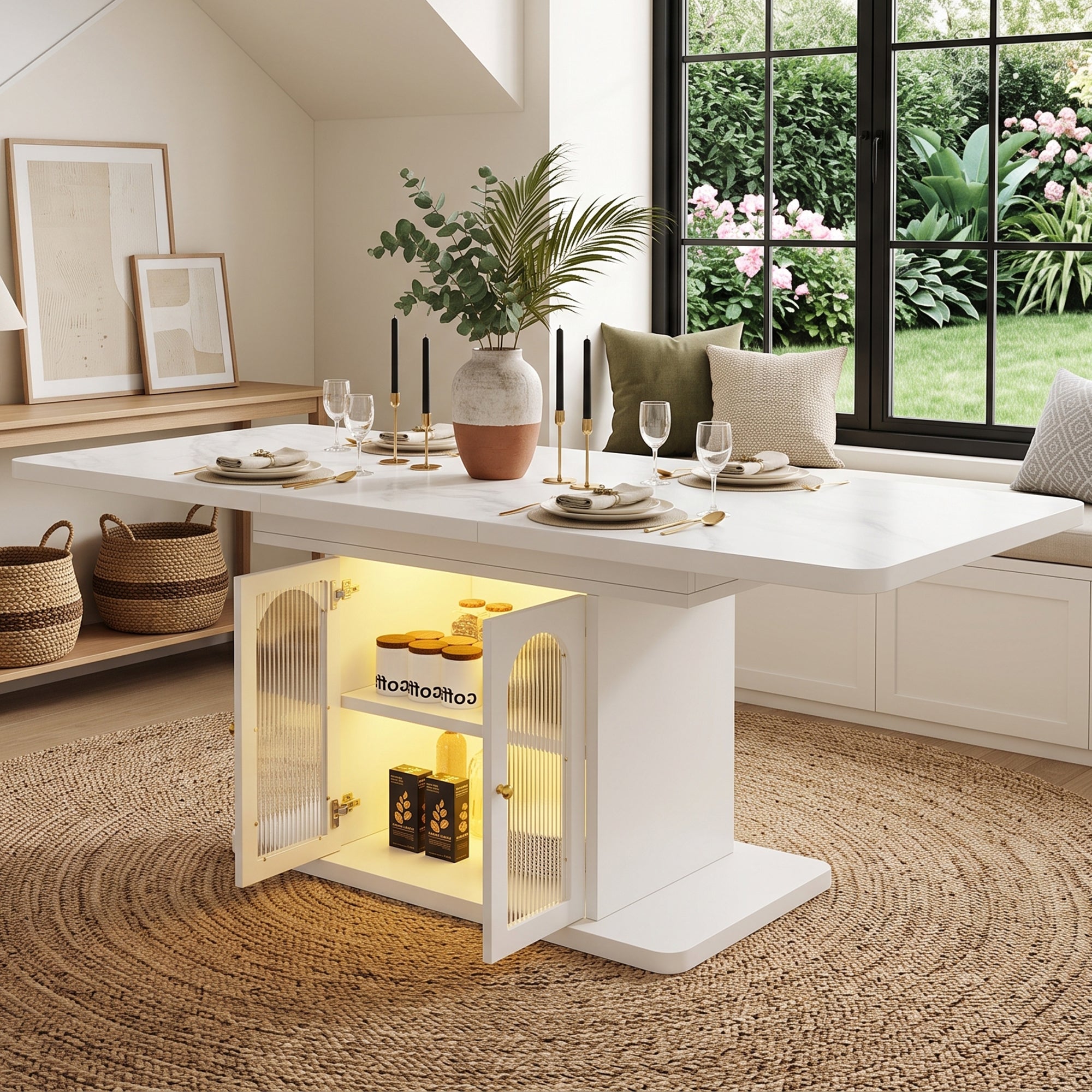 Rozkładany stół jadalny na 6-8 osób z 2 drzwiami i oświetleniem LED - MDF - Blat imitujący marmur - 150/200 x 80 x 76 cm - Biały