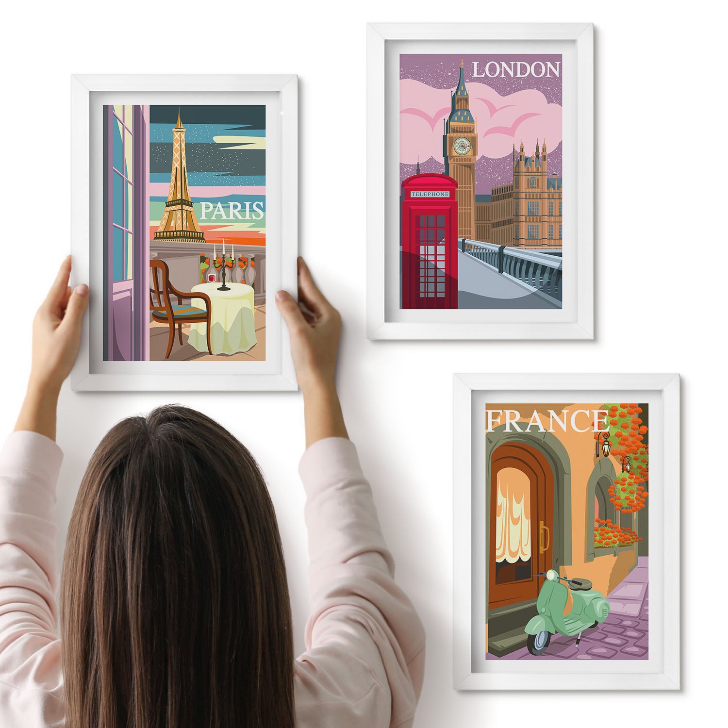 Galeria ścienna 3-częściowy komplet obrazów w białych ramach - Widoki miast Paryż Londyn i Francja w stylu retro - ArtPrintCave