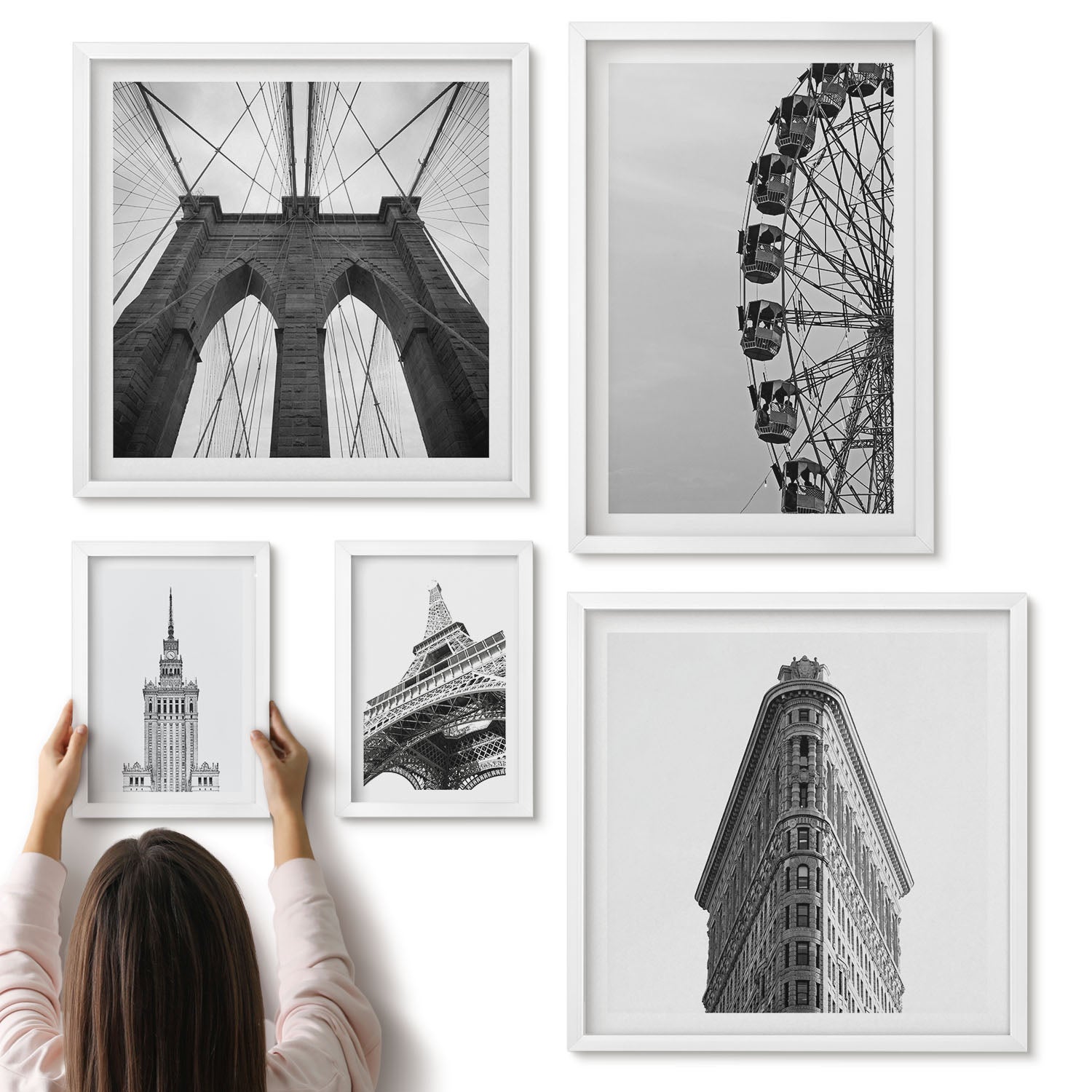 Galeria ścienna 5-częściowy komplet obrazów w białych ramach - Architektura światowych metropolii w czerni i bieli - ArtPrintCave