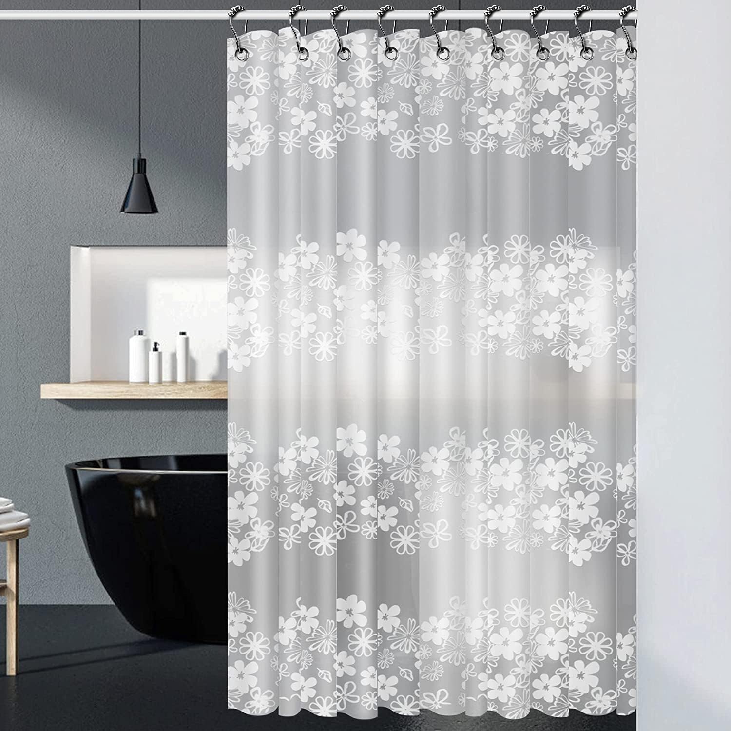 Wodoodporna zasłona prysznicowa, EVA [Antypleśniowa] [Obciążony brzeg] Elegancka zasłona prysznicowa z 12 haczykami, 180 x 180 cm - Kwiatowy wzór