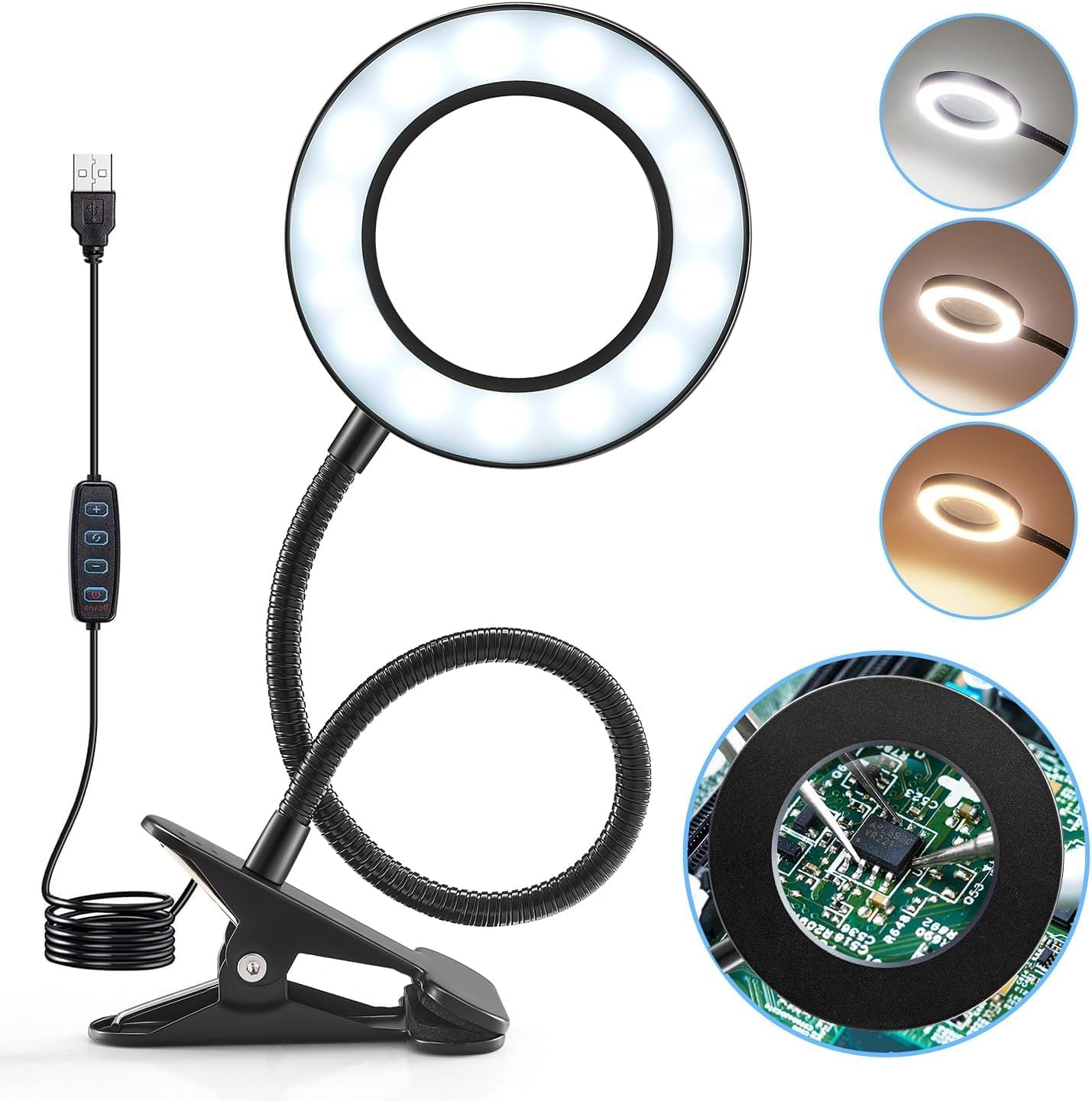 Lampa z lupą 5X, 3 kolory Lampa biurkowa LED, ściemniana lampa z klipsem USB, Lampa z lupą na stojaku, przenośna składana lampa biurkowa LED lupa dla