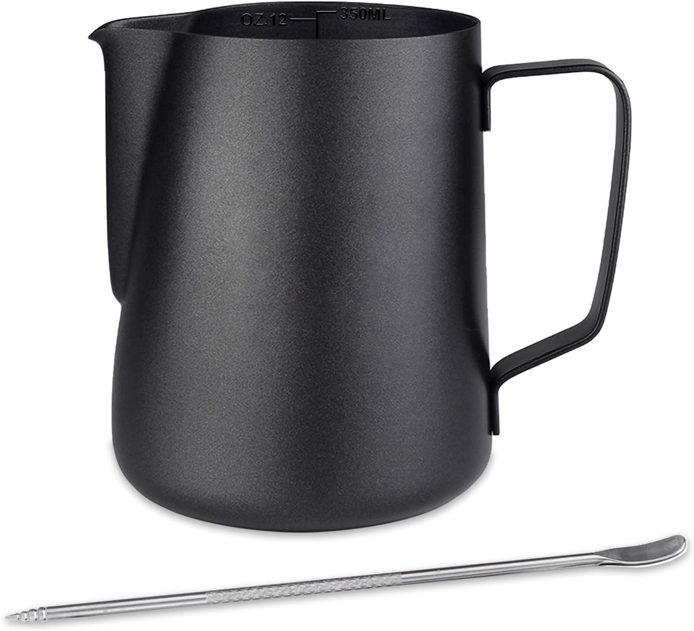 350 ml czarny dzbanek na mleko ze stali nierdzewnej, metalowy spieniacz do mleka Barista z miarką i pisakiem do latte art, ręczny kubek do spieniania
