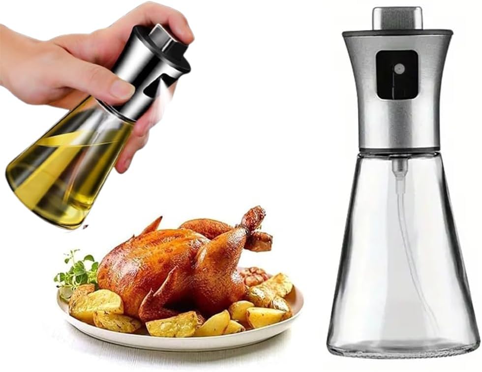 Spryskiwacz najwyższej jakości - Elegancki spryskiwacz do oleju ze szkła i stali nierdzewnej - Pojemność 200 ml - Srebrny, stożkowy design