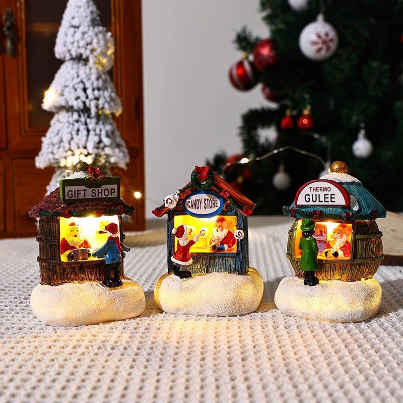 Zestaw 3 podświetlanych ozdób świątecznych – Miniaturowe domki LED – Dekoracje świąteczne do wnętrz – Wioska Bożonarodzeniowa