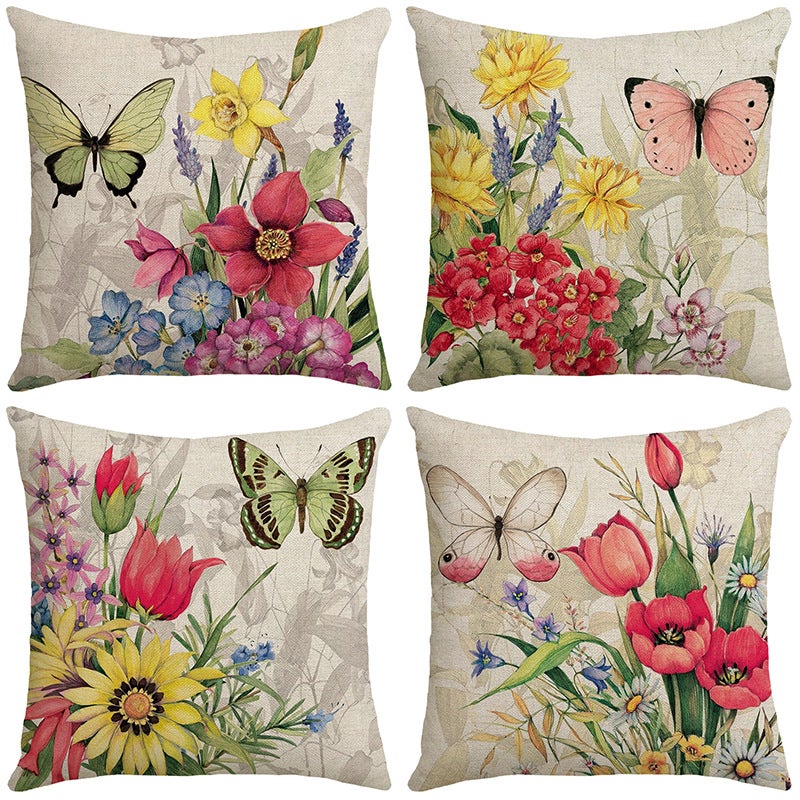 Poszewka na poduszkę 45 x 45 cm z motywem kwiatów, ptaków, zwierząt i roślin, wodoodporna, do sofy, salonu, sypialni, 4 sztuki (owady i rośliny)
