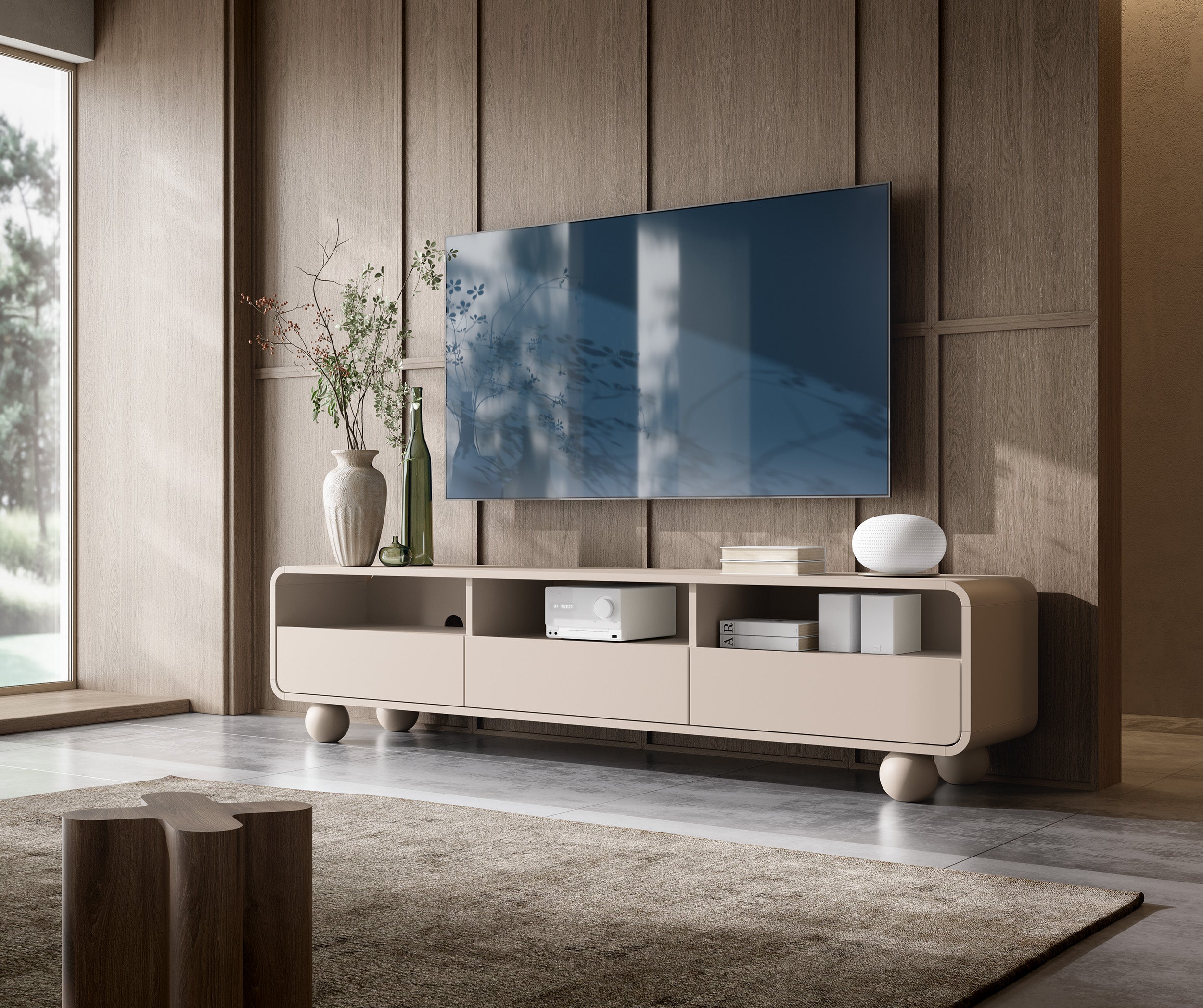 Szafka RTV w kolorze kaszmirowym, trzy szuflady – Nowoczesny design, nogi w kształcie kuli, 180 x 44 x 39 cm