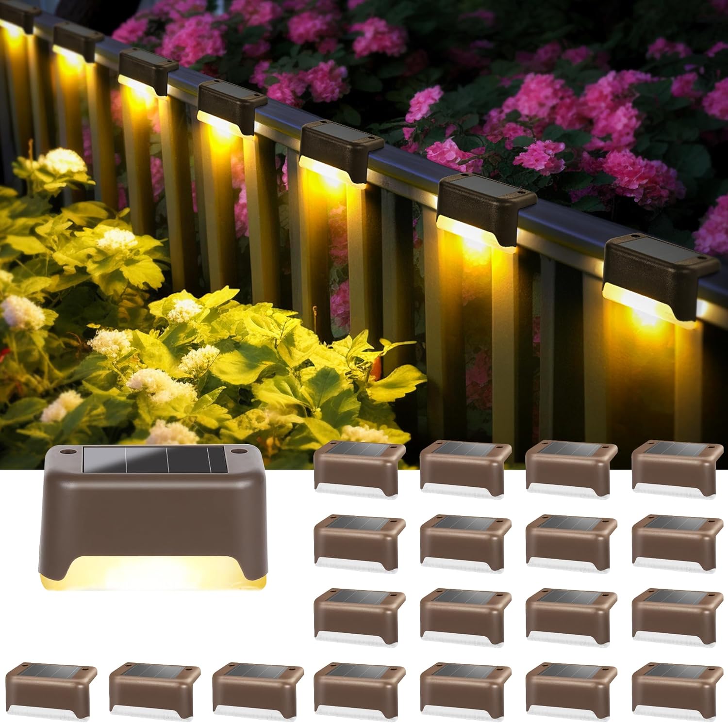 Lampy solarne zewnętrzne, 20 lampek schodowych LED, do ogrodzeń, podwórek, patio, ścieżek i dekoracji (brązowe, ciepła biel)