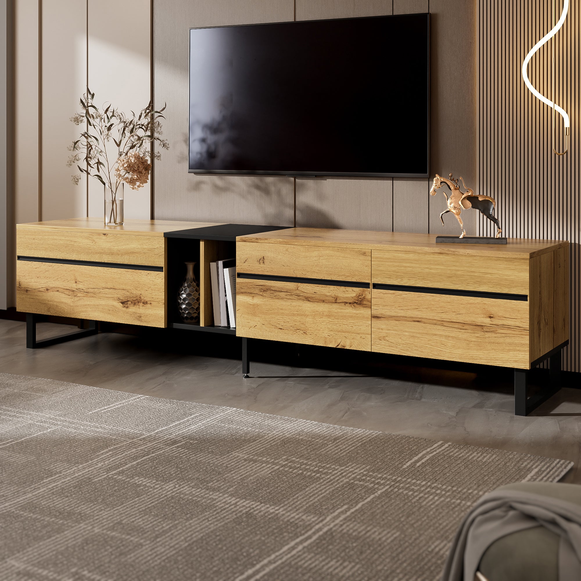 Nowoczesna szafka pod telewizor 180 x 38 x 45 cm - 2 drzwi - Z wysuwanymi półkami i otwartymi półkami - Regulowane nóżki - Kolor naturalny