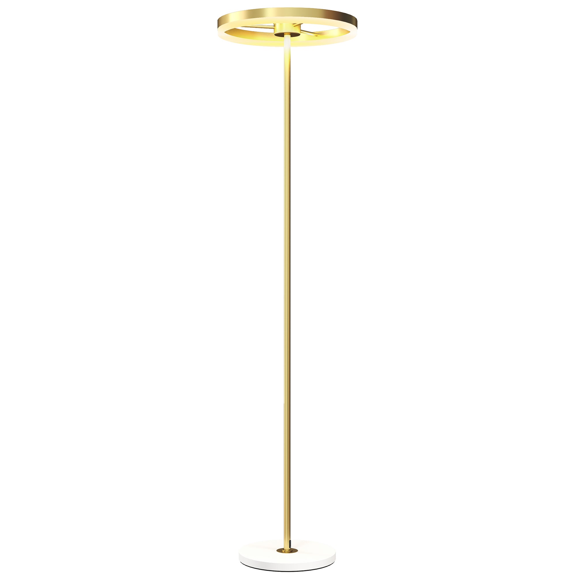 Lampa podłogowa, włącznik nożny, konstrukcja metalowa, klosz akrylowy, 4000K, ściemnialna, w kolorze złotym