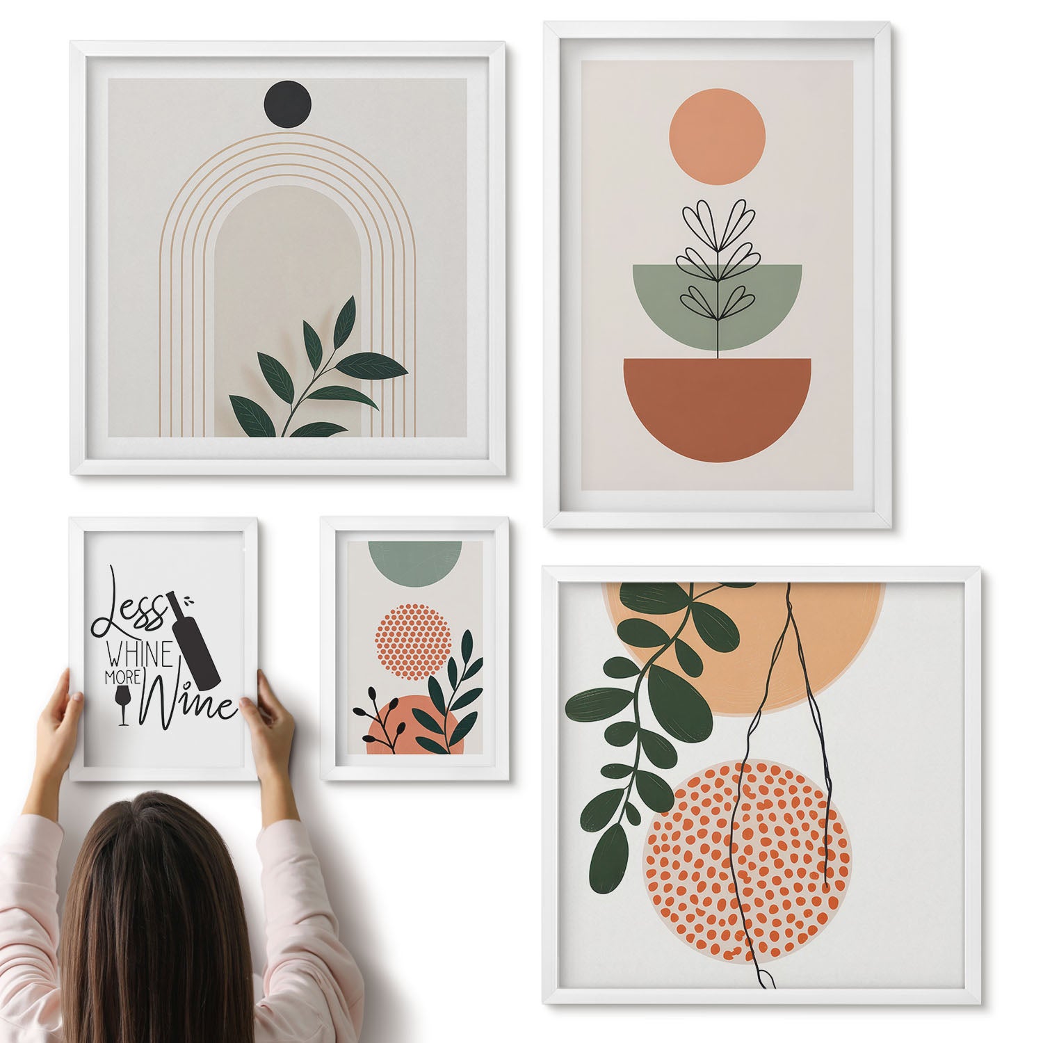 Galeria ścienna 5-częściowy komplet obrazów w białych ramach - Stylowe dekoracje z roślinnymi motywami i hasłami - ArtPrintCave