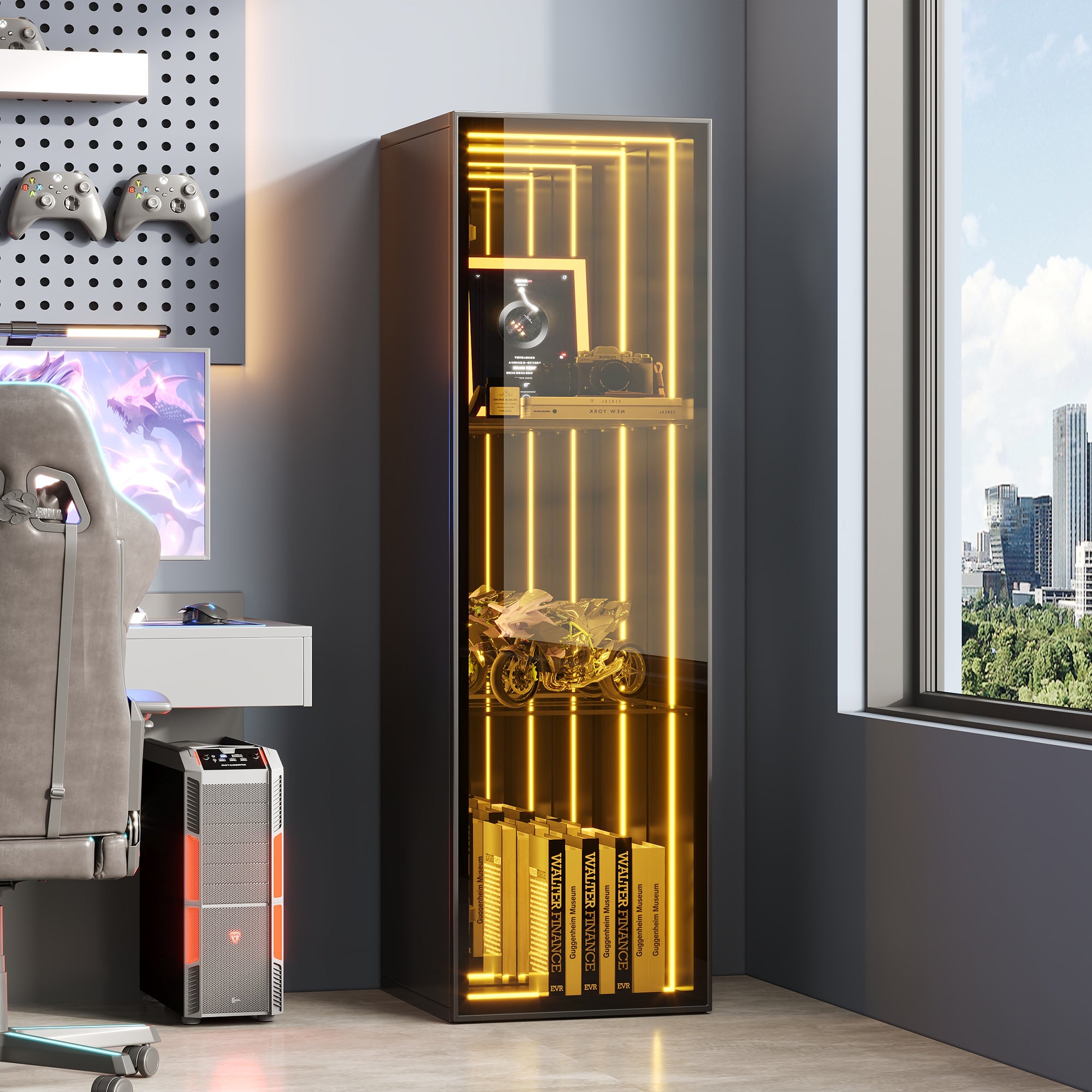 Witryna z 1 drzwiami i diodami LED - 30 x 30 x 90 cm - płyta MDF, szkło i stop aluminium - drzwi z cichym domykiem - czarny