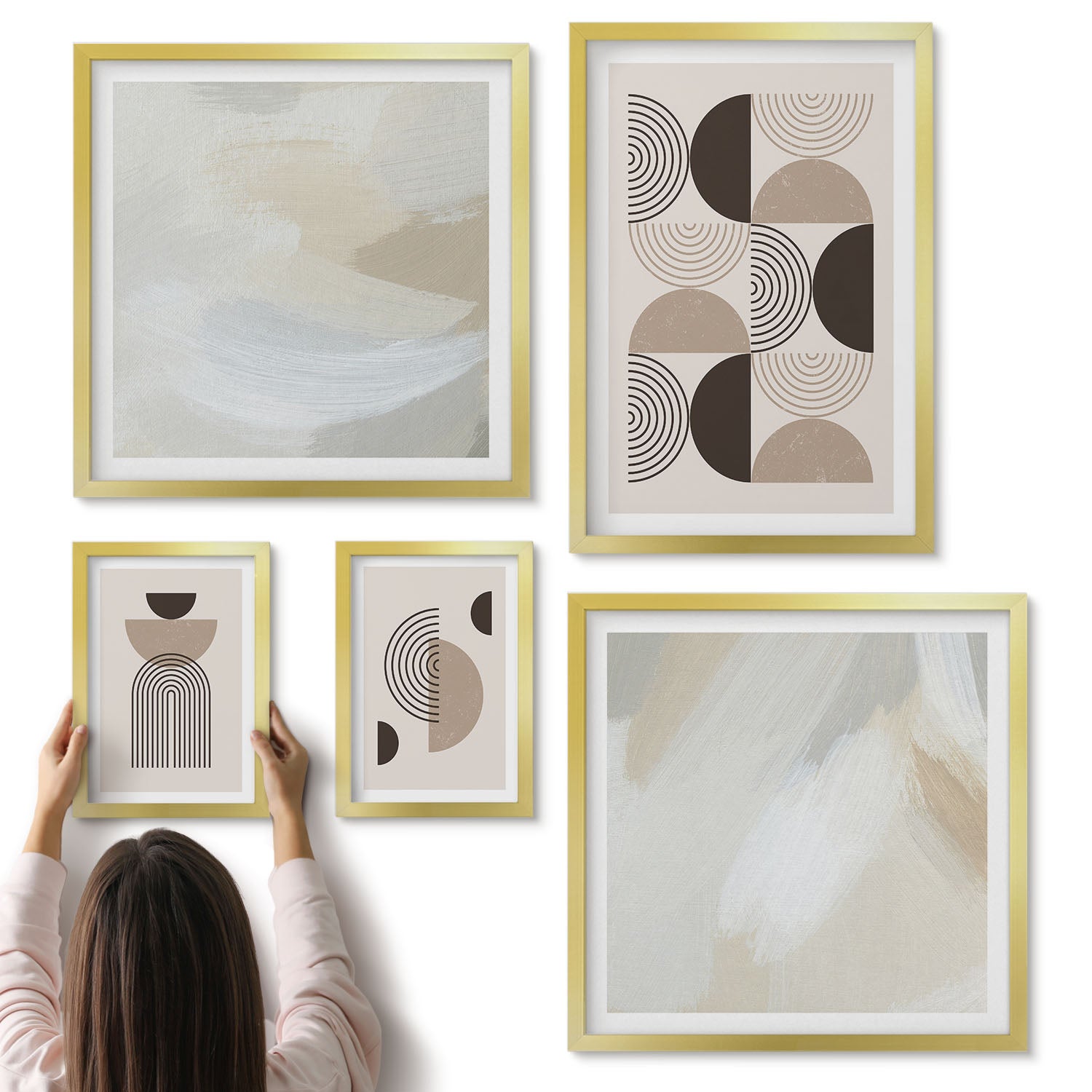 Galeria ścienna 5-częściowy komplet obrazów w złotych ramach - Abstrakcyjne formy geometryczne w stonowanej kolorystyce - ArtPrintCave