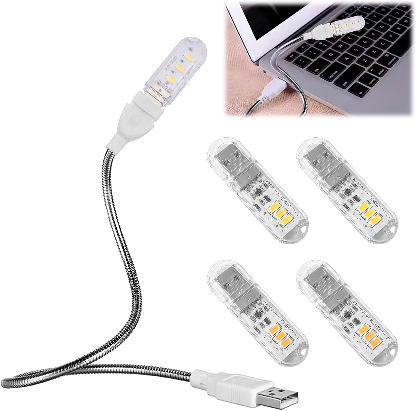 (2 białe, 2 ciepłe) Zestaw 4 elastycznych lamp LED USB do klawiatury laptopa, 1 metalowy przedłużacz USB, lampka do czytania LED USB