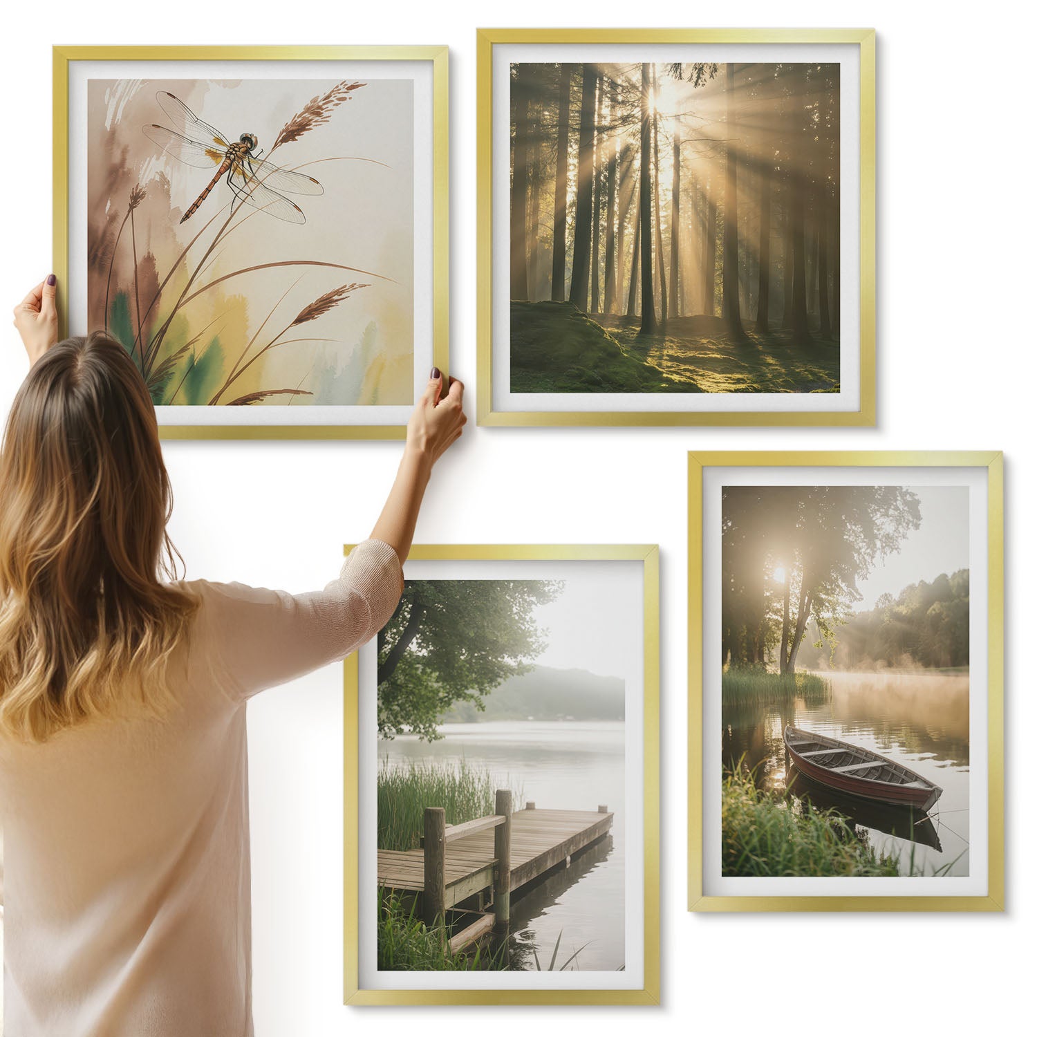 Galeria ścienna 4-częściowy komplet obrazów w złotych ramach - Spokojne jezioro las i łódka w porannej mgle - ArtPrintCave