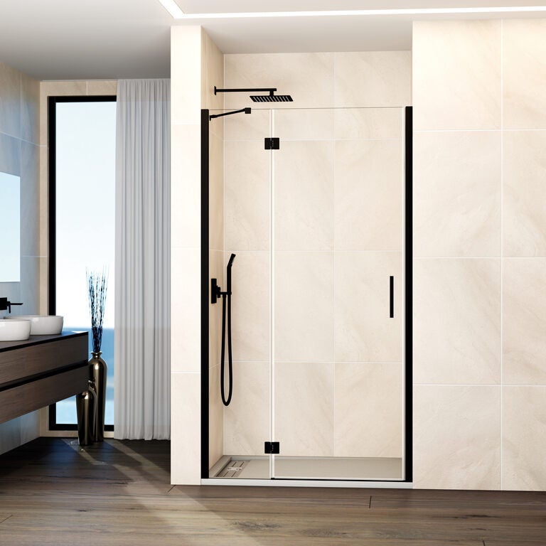 Kabina frontowa GLASS panel stały + drzwi uchylne 125 cm (119,5-125; stały 40+drzwi 80) czarny szkło przezroczyste