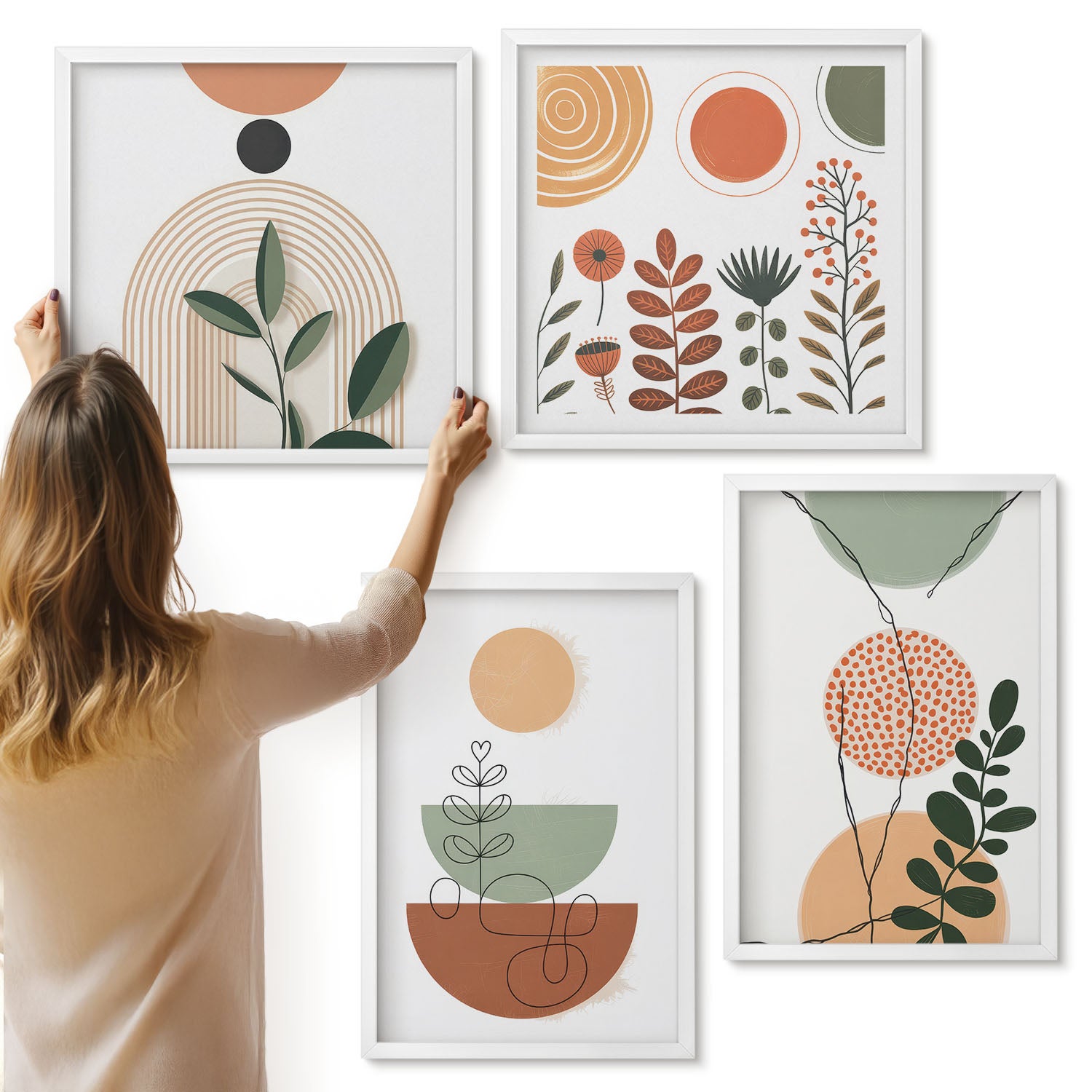 Galeria ścienna 4-częściowy komplet obrazów w białych ramach - Abstrakcyjne kształty z roślinnymi motywami kolorowymi - ArtPrintCave