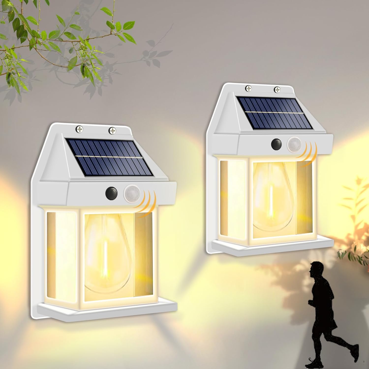 Lampy solarne zewnętrzne, lampy ścienne ogrodowe z czujnikiem ruchu, wodoodporne lampy solarne, 2 sztuki, białe