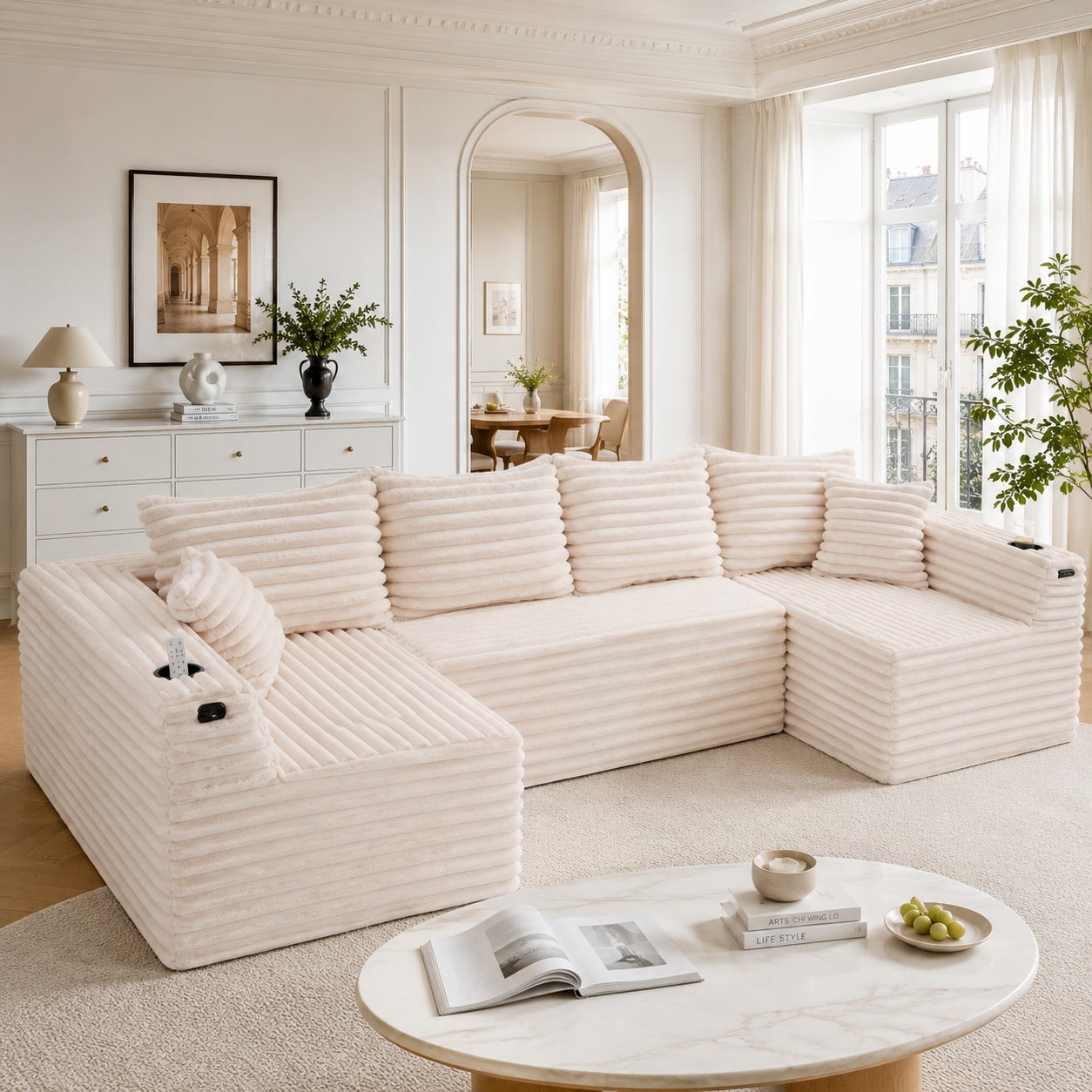 Sztruksowa sofa w kształcie litery U, modułowa z uchwytami na kubki, sprężyny kieszeniowe do salonu