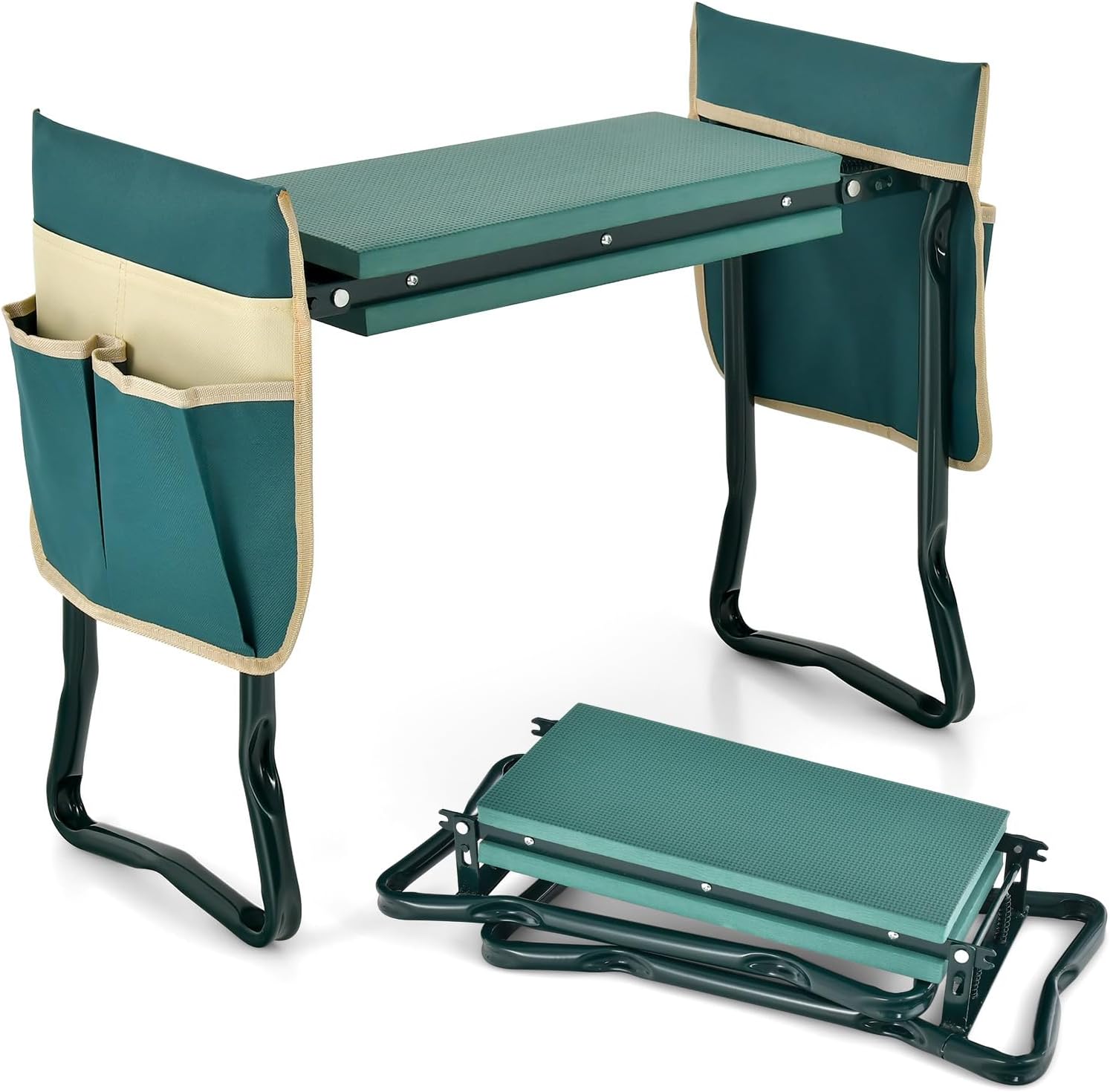Ławka ogrodowa 2 w 1, stołek ogrodowy, taboret roboczy z poduszką EVA i 2 kieszeniami na narzędzia,obciążenie do 150 kg, 58 x 27,5 x 50 cm, zielona