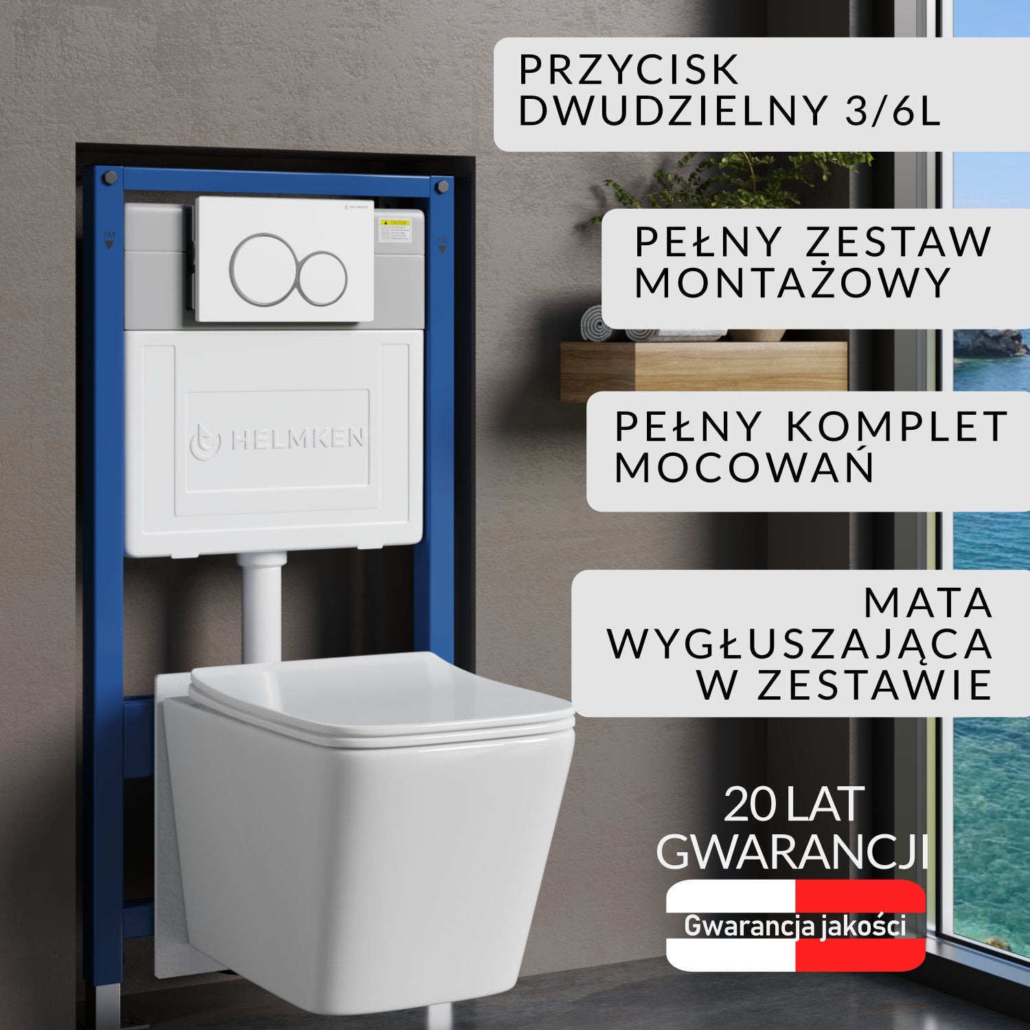 Stelaż podtynkowy WC Helmken 35120001 Zestaw 5w1: Biały przycisk, Miska bezkołnierzowa Rimless, Deska wolnoopadająca, Mata
