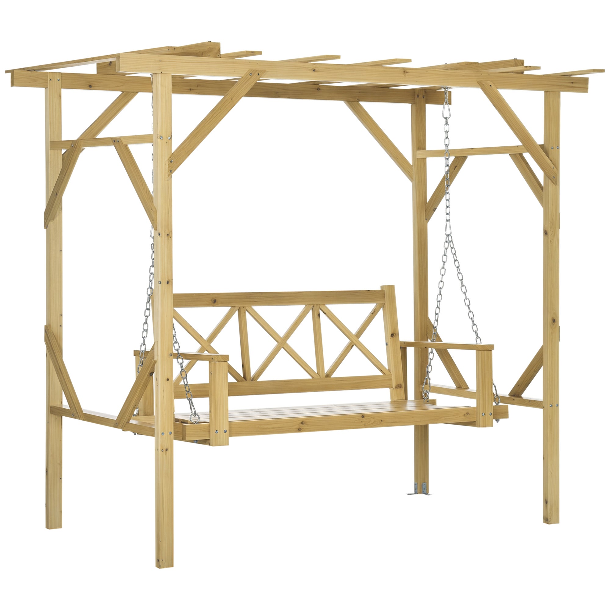Ławka huśtawka z pergolą, dla 2 osób, regulowana wysokość, rama z litego drewna, 2,21 x 1,40 x 1,96 m