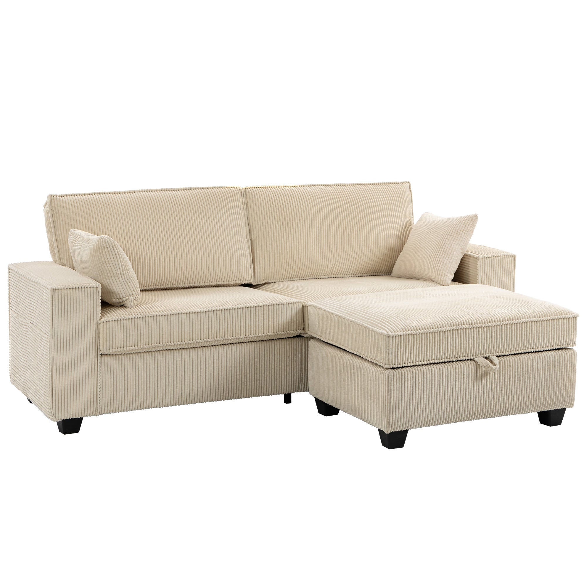 Narożnik z pufem i schowkiem, sztruks, 3-osobowa sofa w kształcie litery L z zawieszeniem sprężynowym, szerokie siedzisko, beżowy