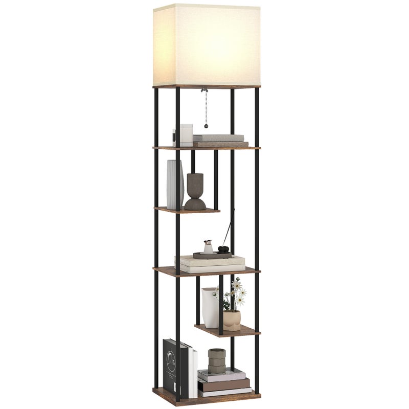 Lampa podłogowa z półkami, ściemnialna do salonu, sterowana pilotem, 40 x 29 x 171 cm, brąz rustykalny