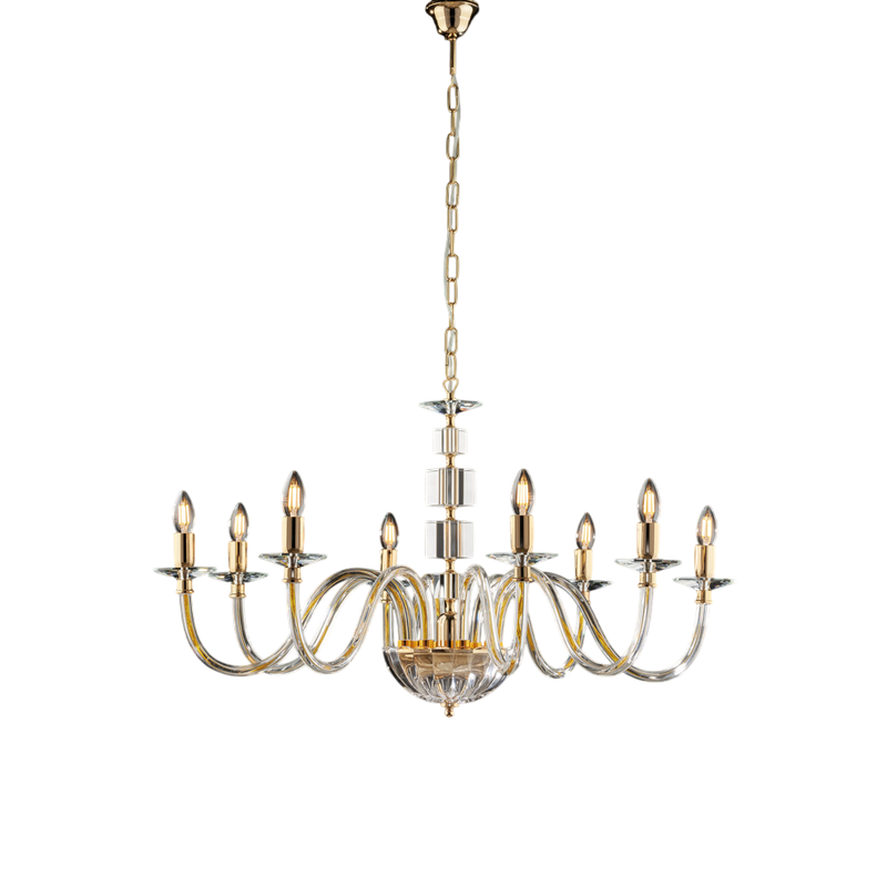 Lampadario in oro con vetro trasparente e strass 8 luci H.56 - MAX 116 - Ø96