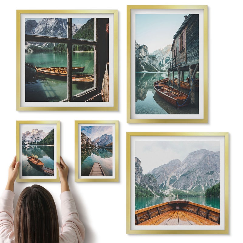 Galeria ścienna 5-częściowy komplet obrazów w złotych ramach - Spokojne jeziora i malownicze górskie pejzaże - ArtPrintCave
