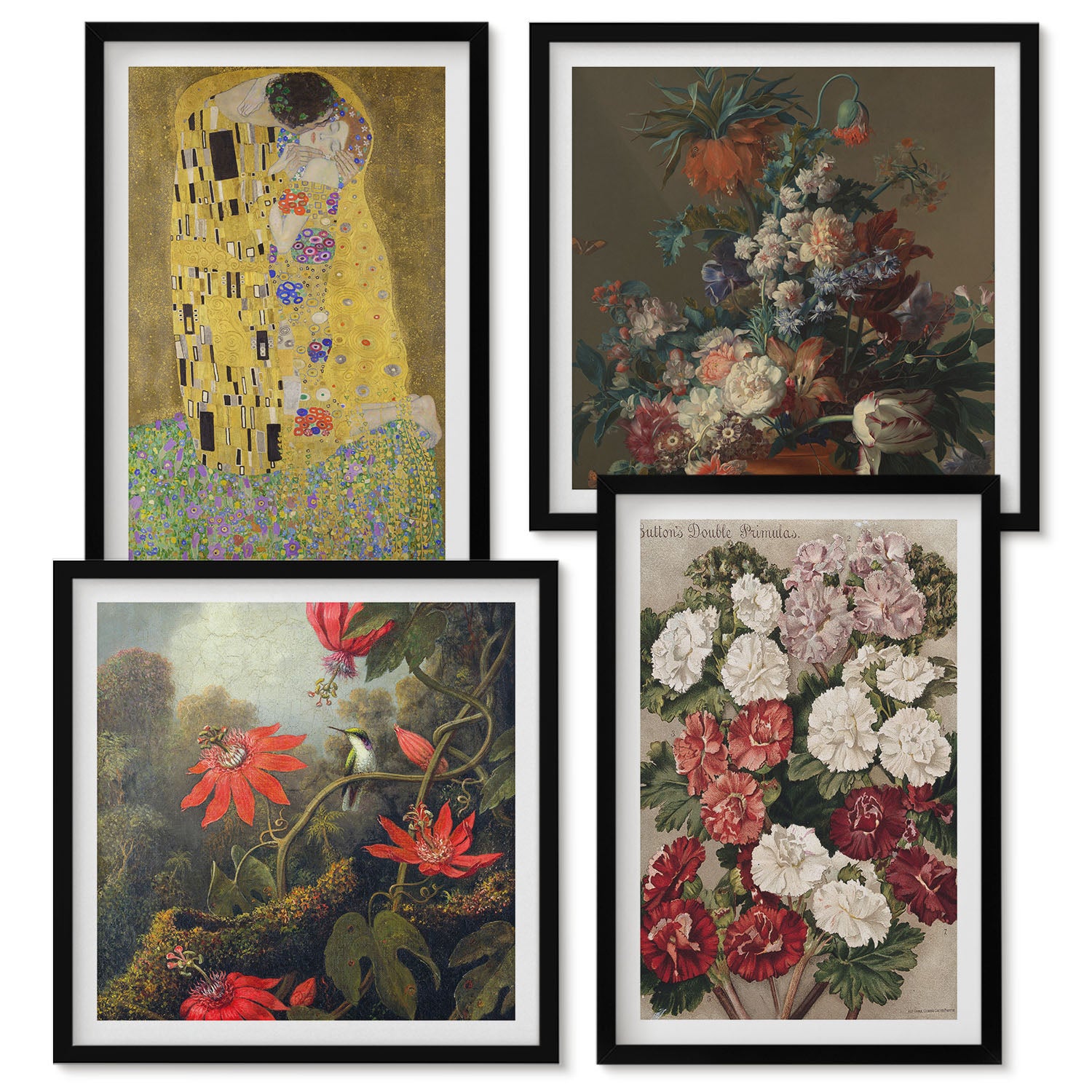 Zestaw obrazów w ramie - 4 części | Kwiaty i drzewa w stylu malarskim Pocałunek Gustav Klimt | Czarna ramka