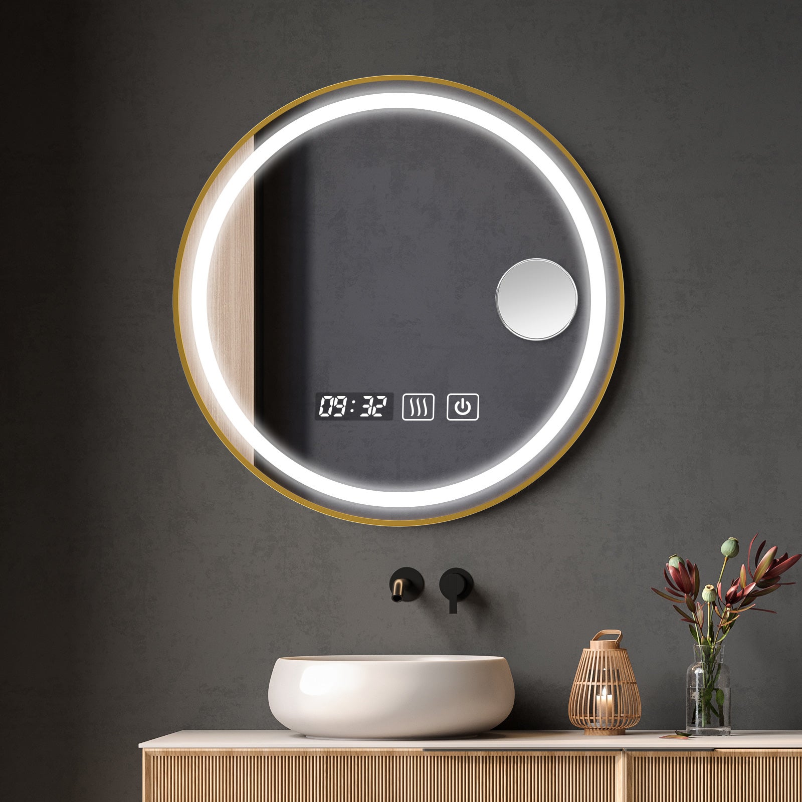 1 x Okrągłe lustro łazienkowe LED, lustro toaletkowe w złotej ramie z czujnikiem dotykowym, 60 x 60 x 3 cm, białe/ciepłe białe światło