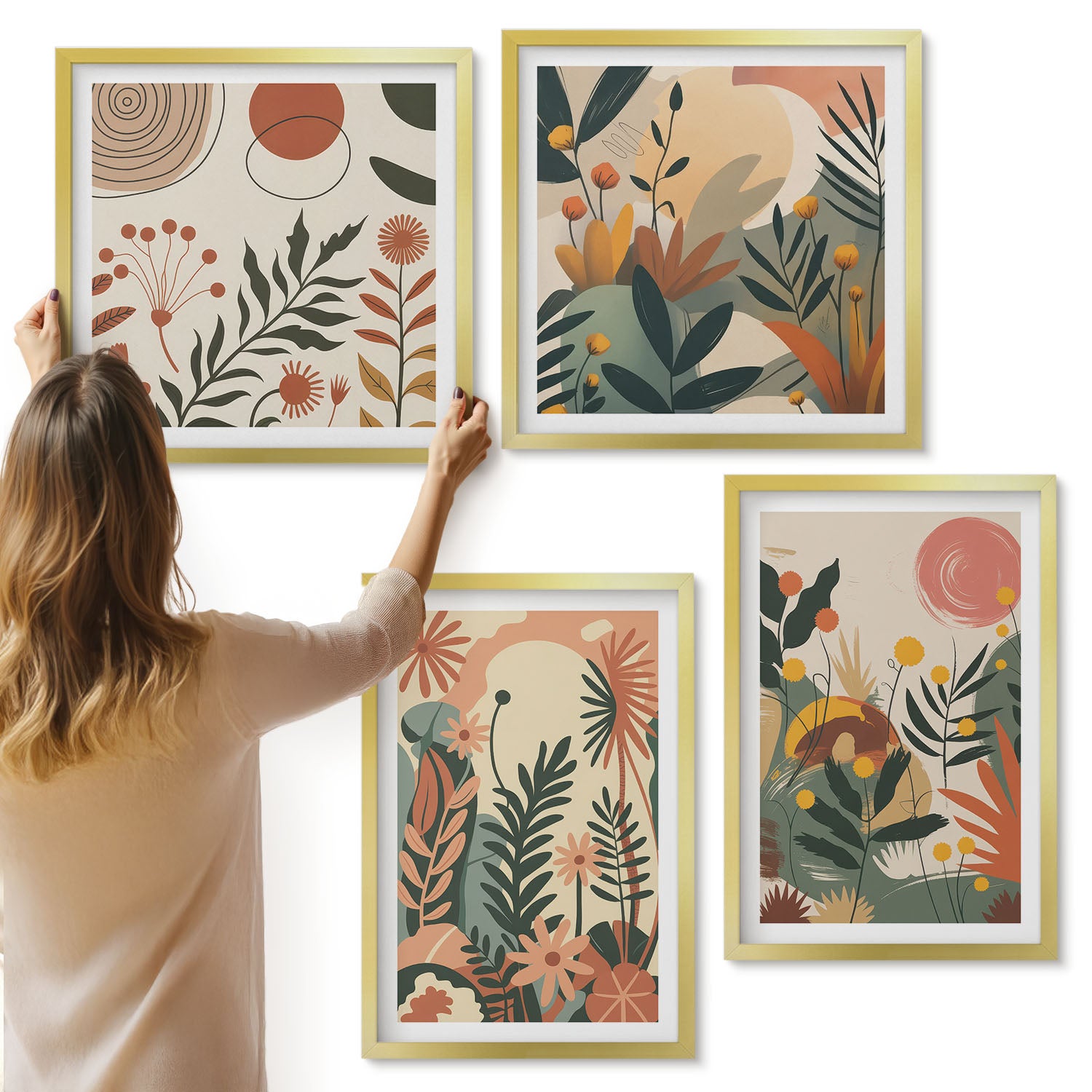 Galeria ścienna 4-częściowy komplet obrazów w złotych ramach - Roślinne wzory vintage w odcieniach pastelowych - ArtPrintCave