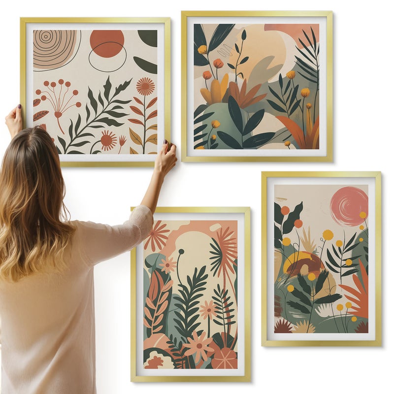 Galeria ścienna 4-częściowy komplet obrazów w złotych ramach - Roślinne wzory vintage w odcieniach pastelowych - ArtPrintCave