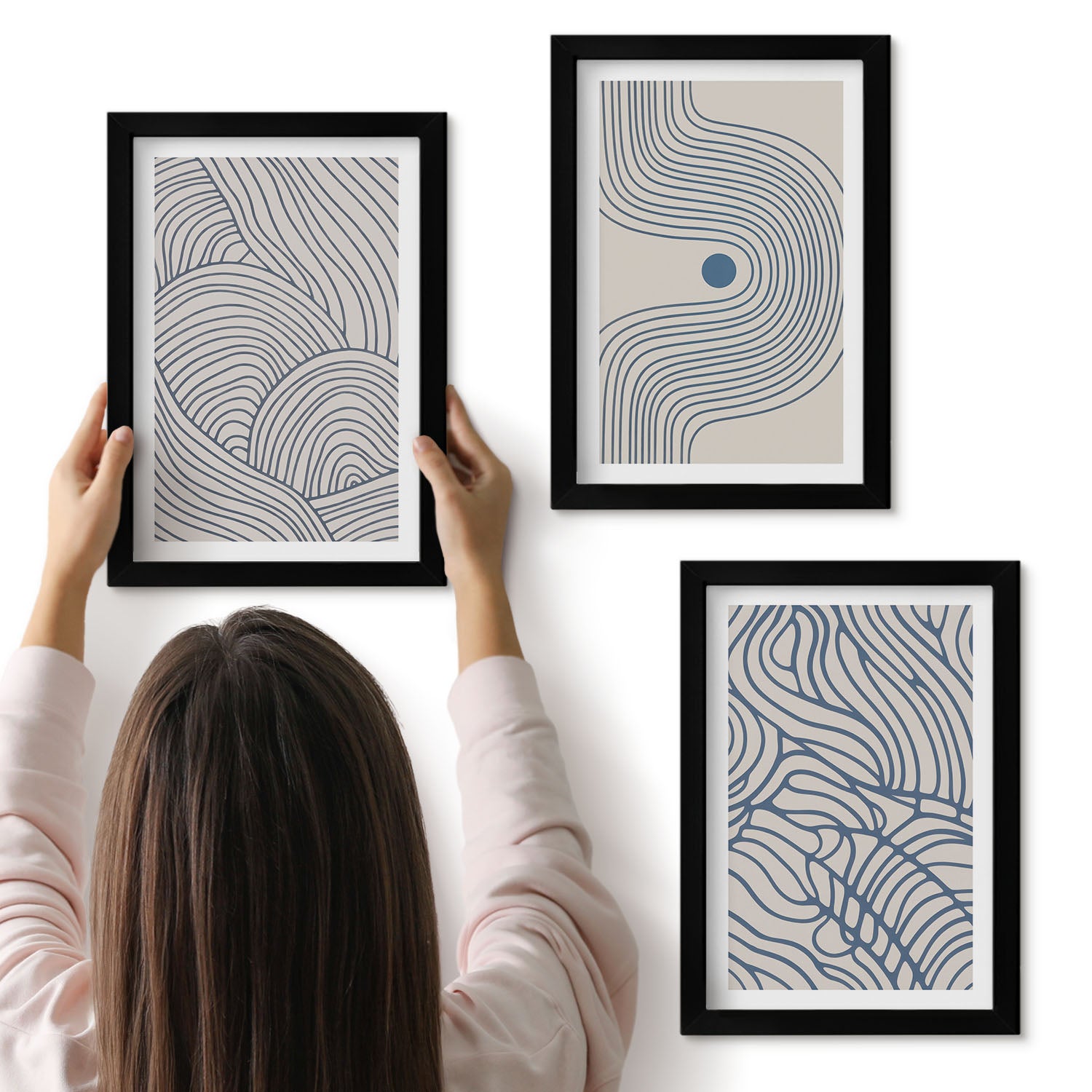 Galeria ścienna 3-częściowy komplet obrazów w czarnych ramach - Abstrakcyjne linie dekoracyjne kształty fal - ArtPrintCave