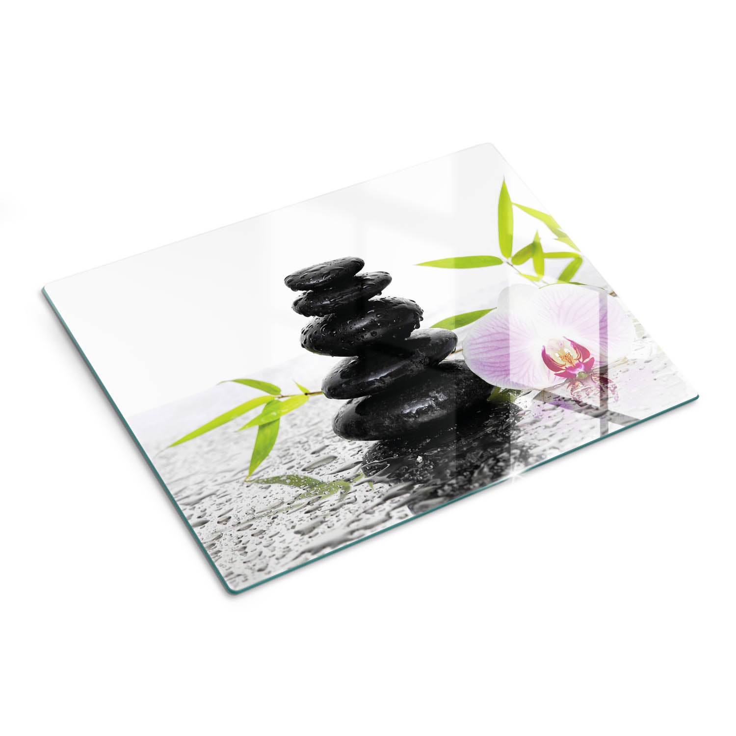 Ekskluzywna deska kuchenna ze szkła hartowanego z nadrukiem - Kamienie i Orchidea - 30x40 - Tulup