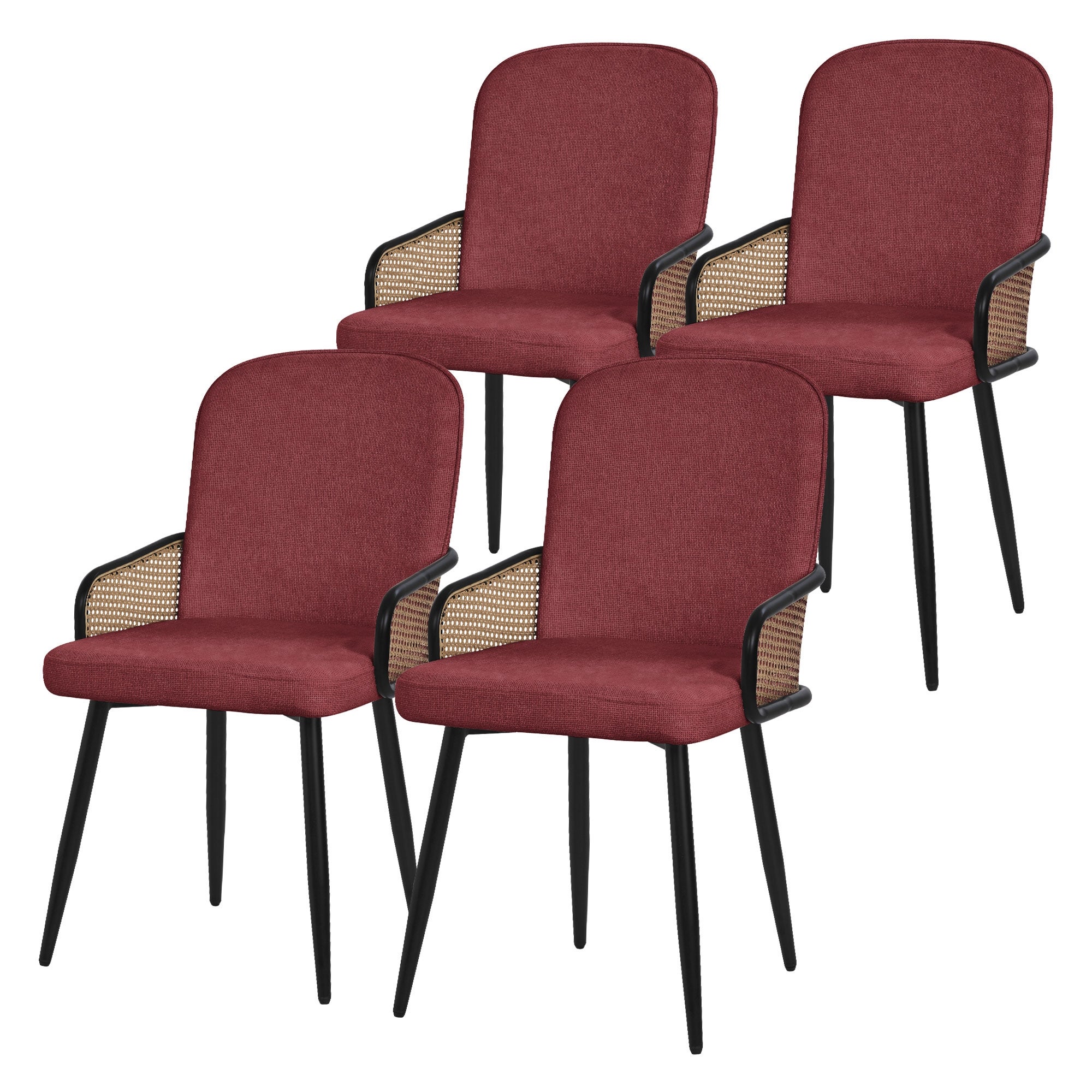 ML-Design zestaw 4 krzeseł tapicerowanych czerwony do jadalni i kuchni ergonomiczne z podłokietnikami imitacja rattanu metalowe nogi komfortowe