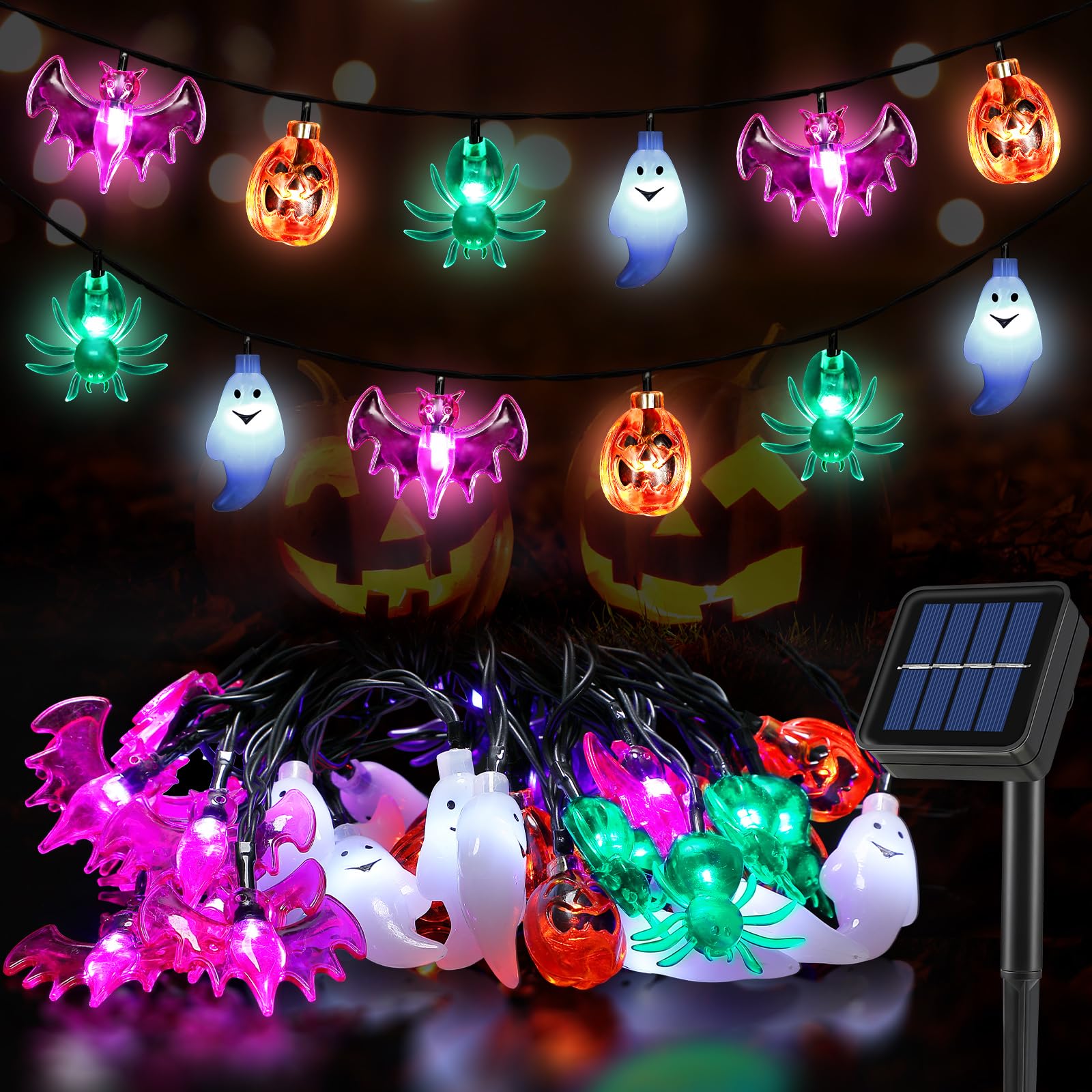 Zewnętrzna girlanda solarna na Halloween, 7 metrów, 50 diod LED, dekoracyjne światła dyni, nietoperza, ducha i pająka, 8 trybów