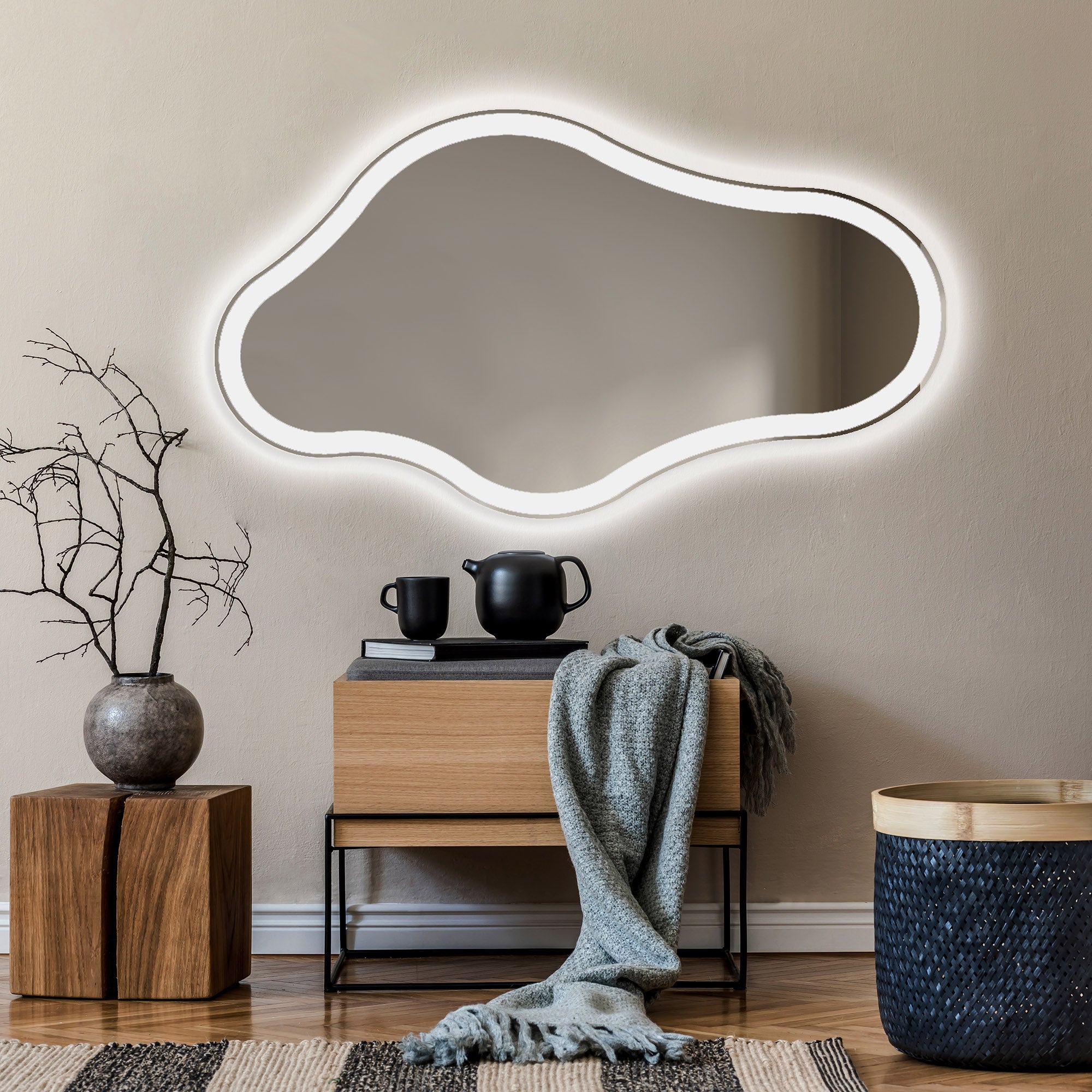 Podświetlane lustro łazienkowe - Asymetryczne lustro 154x84cm - Lustro łazienkowe LED z oświetleniem - Chłodna biel 7000K (CHM222)