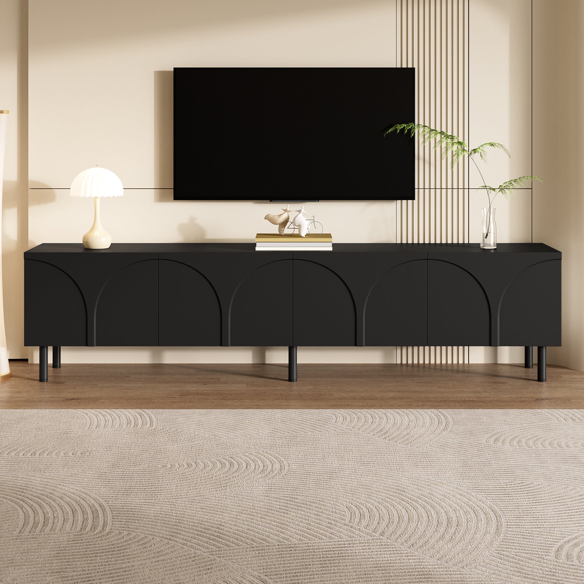 Stojak pod telewizor z 4 drzwiami o trójwymiarowych zakrzywionych liniach – 180 x 35 x 49 cm – Płyta wiórowa i MDF – Nogi metalowe – Czarny