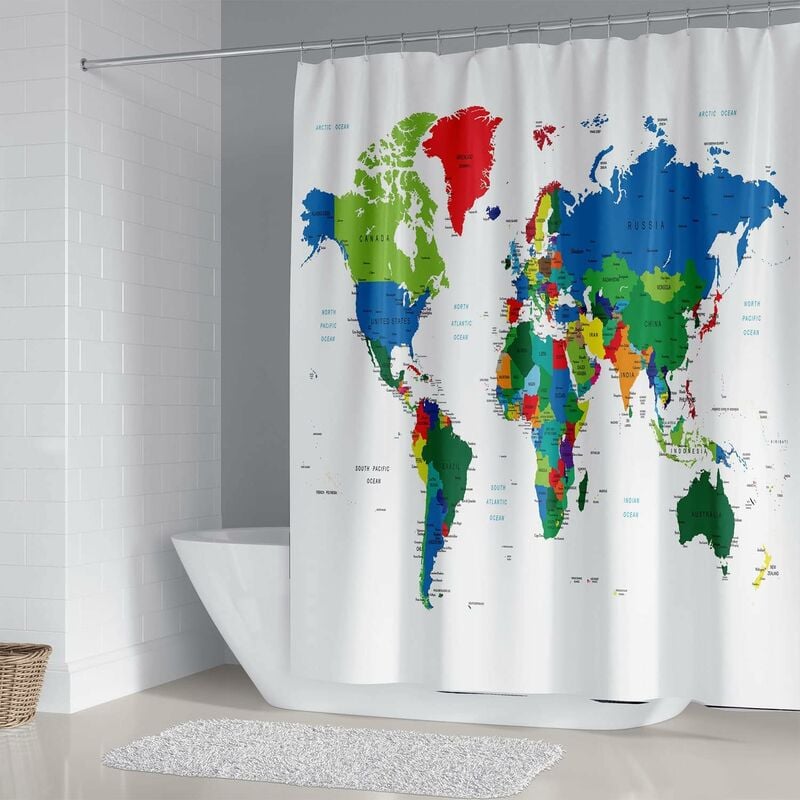 Zasłona prysznicowa z motywem mapy świata z nadrukiem geograficznym, wodoodporna, z 12 pierścieniami z tkaniny poliestrowej, antygrzybiczna, 180x180cm