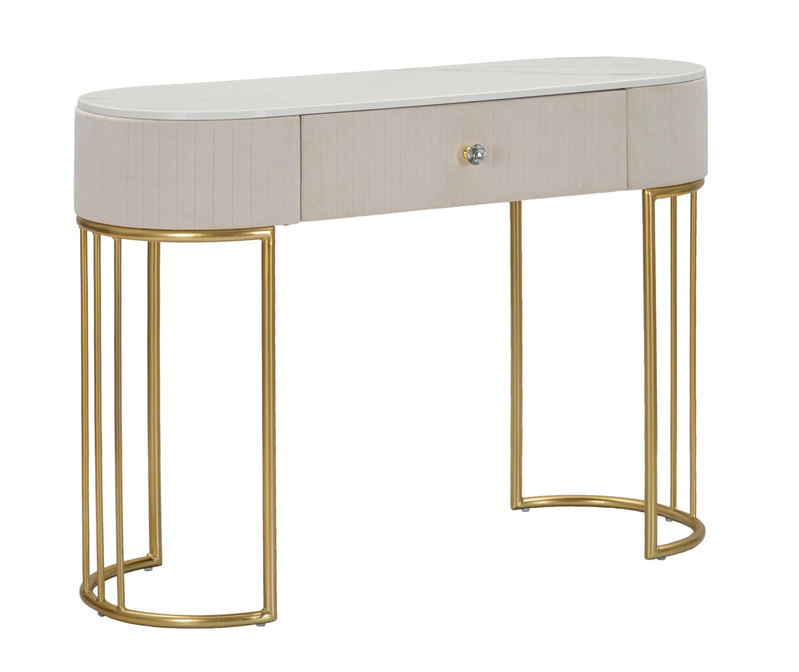 Stolik konsolowy Montpellier Crema Glam – złocona metalowa rama z blatem z imitacji marmuru i kremową tkaniną 100x40x75 cm – Elegant Furniture