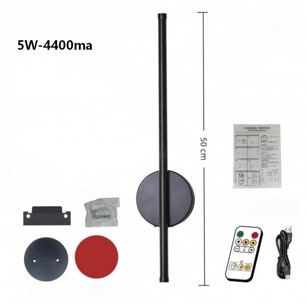 Bezprzewodowa metalowa lampa ścienna 5 W, 50 cm, ładowana przez USB, regulacja jasności i barwy (3 odcienie) [Przycisk + Pilot] (Czarna)