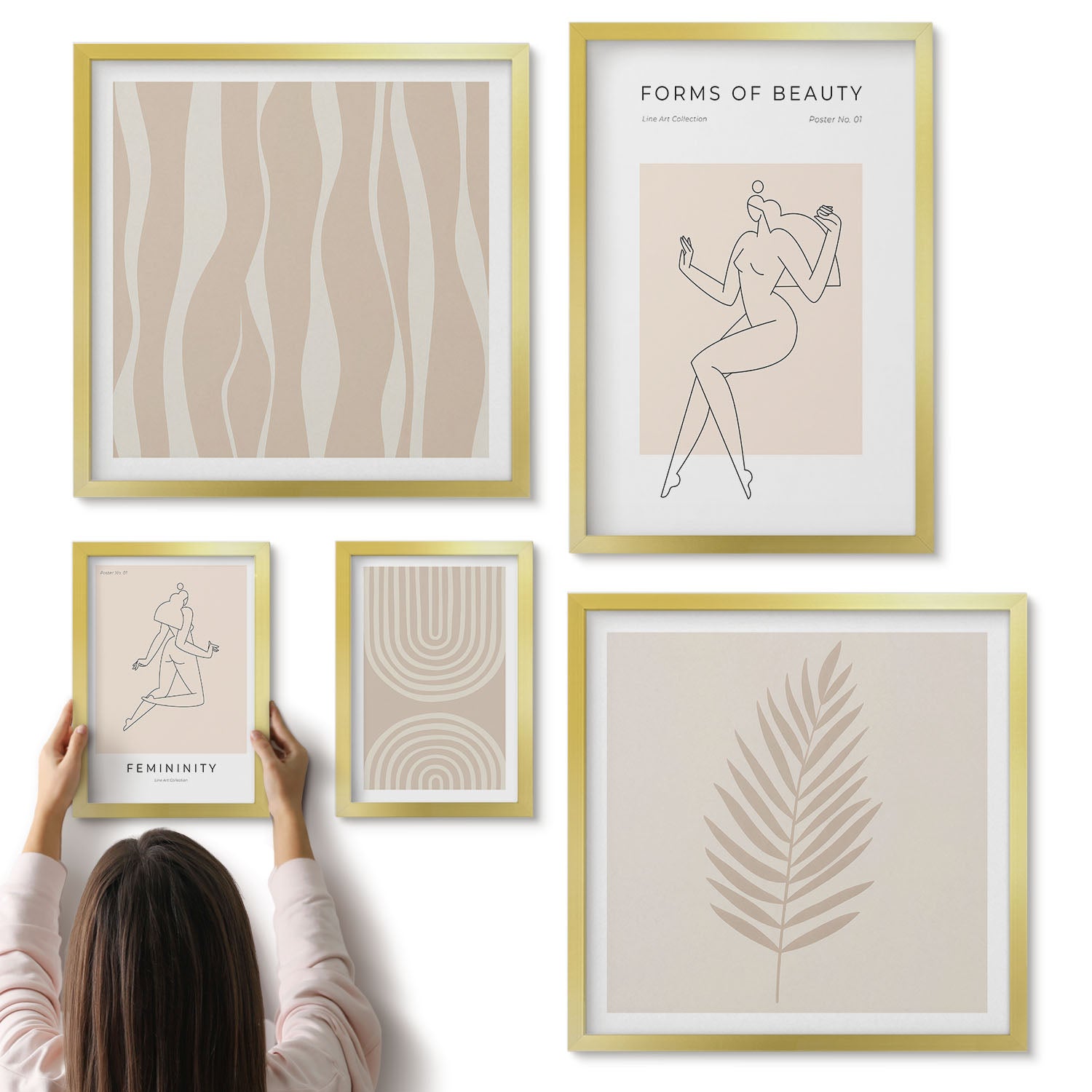 Galeria ścienna 5-częściowy komplet obrazów w złotych ramach - Formy piękna minimalistyczne motywy i linie dekoracyjne - ArtPrintCave