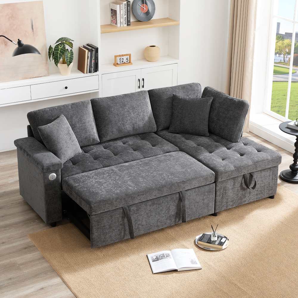 Nowoczesna sofa w kształcie litery L z rozkładaną częścią do spania, miękką tapicerką z szenili, wbudowaną przestrzenią do przechowywania