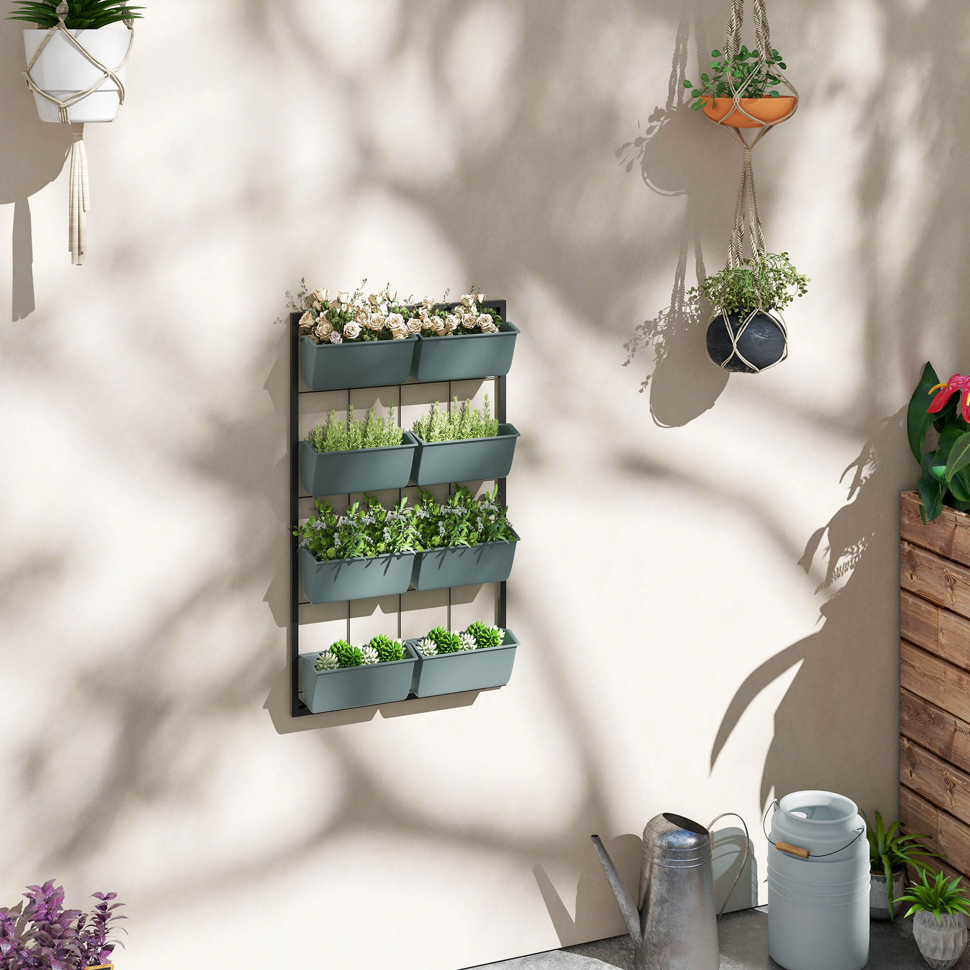 Naścienny stojak na rośliny z 8 doniczkami i 4 półkami, oszczędzający miejsce, ciemnozielony 52,5x14x90 cm - idealny na balkon i do ogrodu