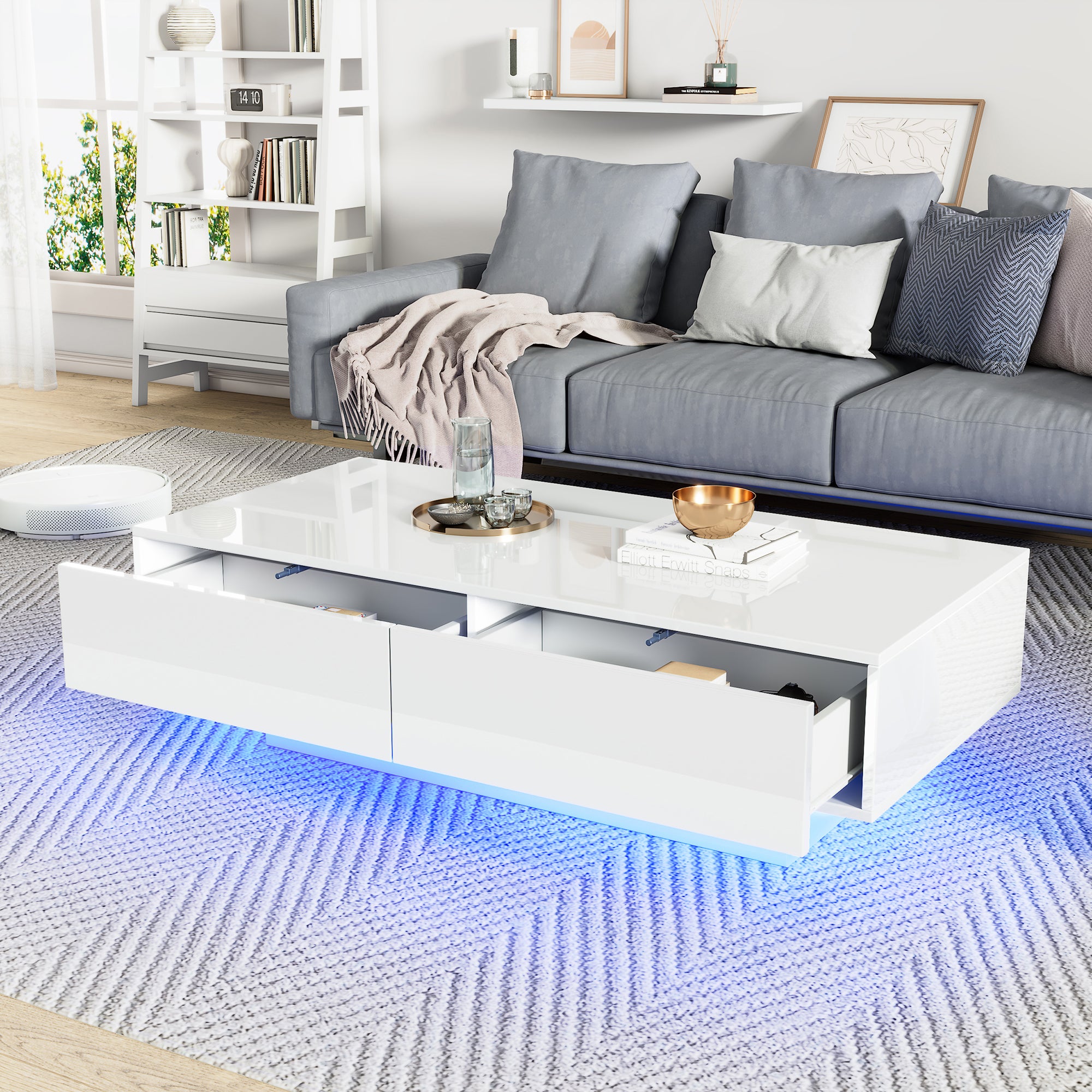 Nowoczesny stolik kawowy na wysoki połysk w kolorze białym 115 x 55 x 34 cm z 2 szufladami, oświetleniem LED i nośnością 30 kg